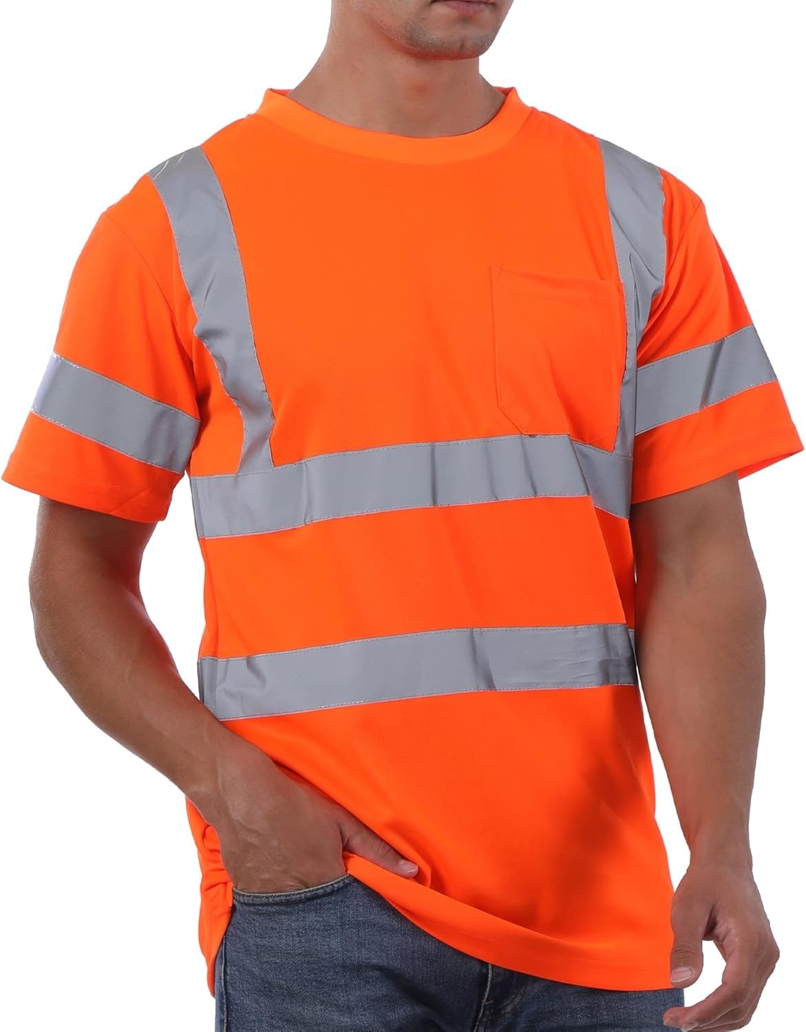 **Men's Heavyweight Short-Sleeve Pocket T-Shirt - Loose Fit Crewneck Safety Shirt in Orange | Personalized & Durable for Work, Outdoor Activities & Casual Wear**