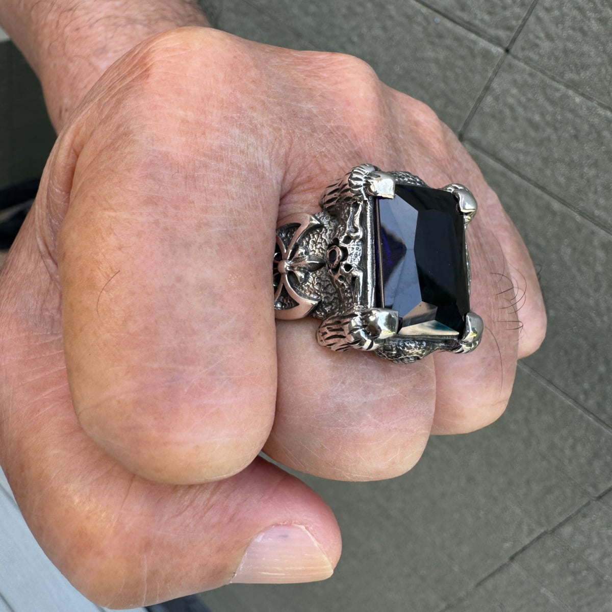 Heavy Dragon Claw & Axe Sapphire Blue Sterling Silver Biker Ring for Men - Gothic Punk Jewelry, Viking Warrior Style Accessory - Perfect for Motorcycle Riders, Cosplay, and Gift Giving