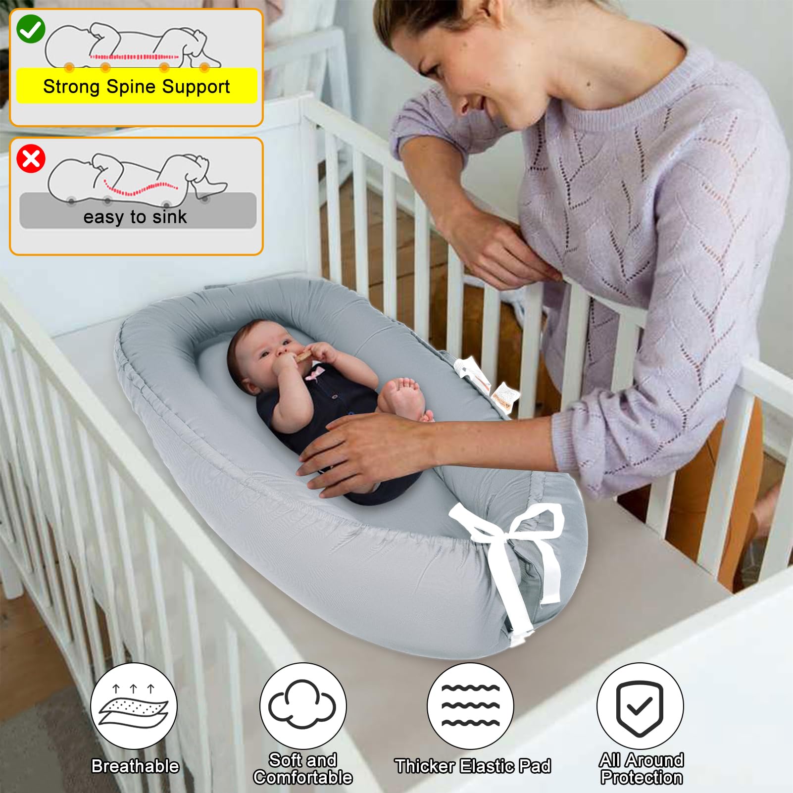 **Soft 100% Cotton Baby Lounger for Newborns 0-24 Months | Breathable Portable Infant Lounger & Co-Sleeper | Grey Baby Nest Cover for Girls & Boys | Perfect for Nursery, Travel & Co-Sleeping**