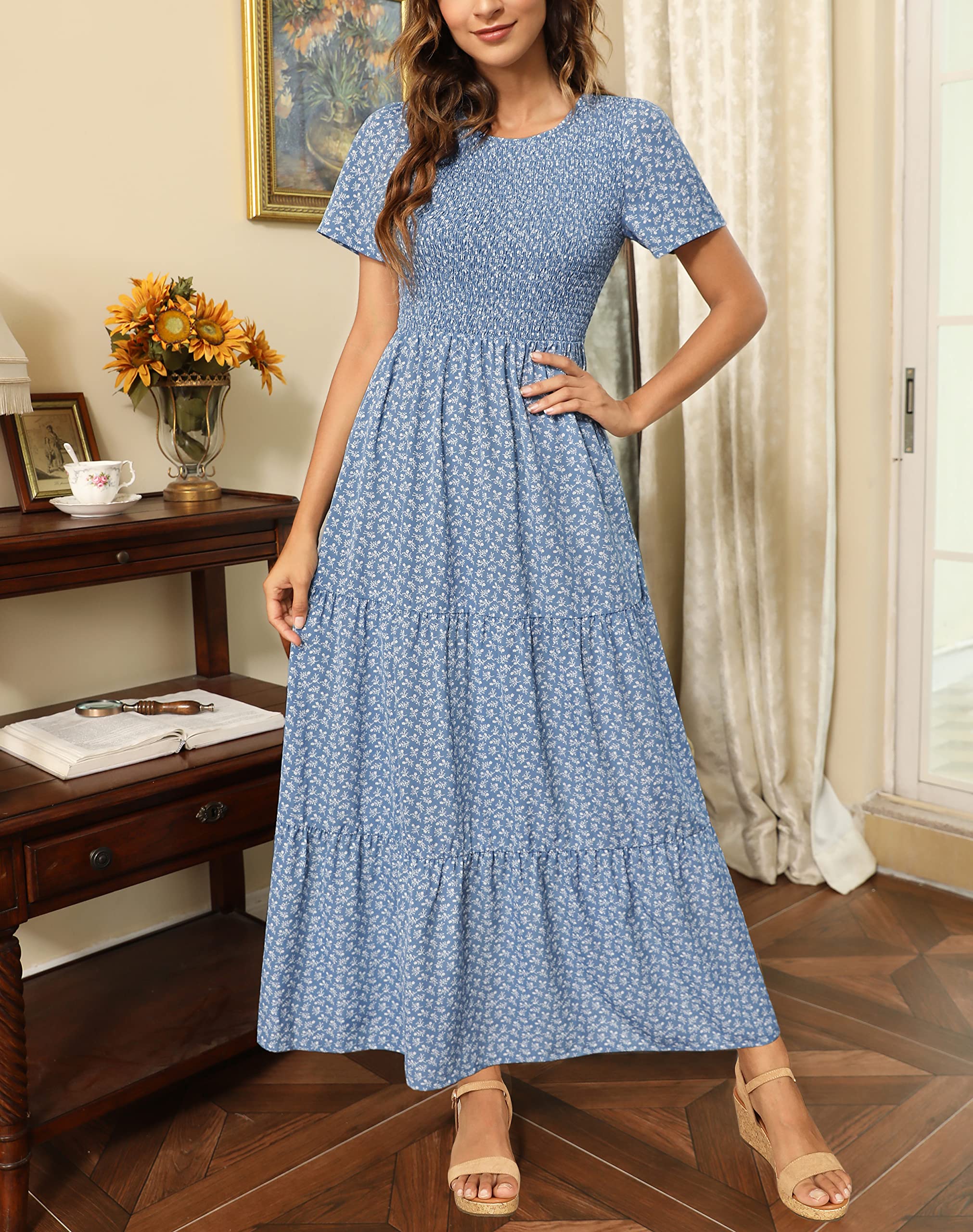 Maggeer Women's 2025 Spring Summer Smocked Wedding Guest Maxi Dress - Casual Short Sleeve Floral Boho Flowy Long Dress for Beach Vacation, Garden Party & Special Occasions