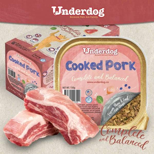 Premium Underdog Cooked Pork Fresh Frozen Dog Food - 1.2kg (2.65 lbs) Grain-Free High Protein Meal for Adult Dogs - Perfect for Training Treats & Daily Nutrition
