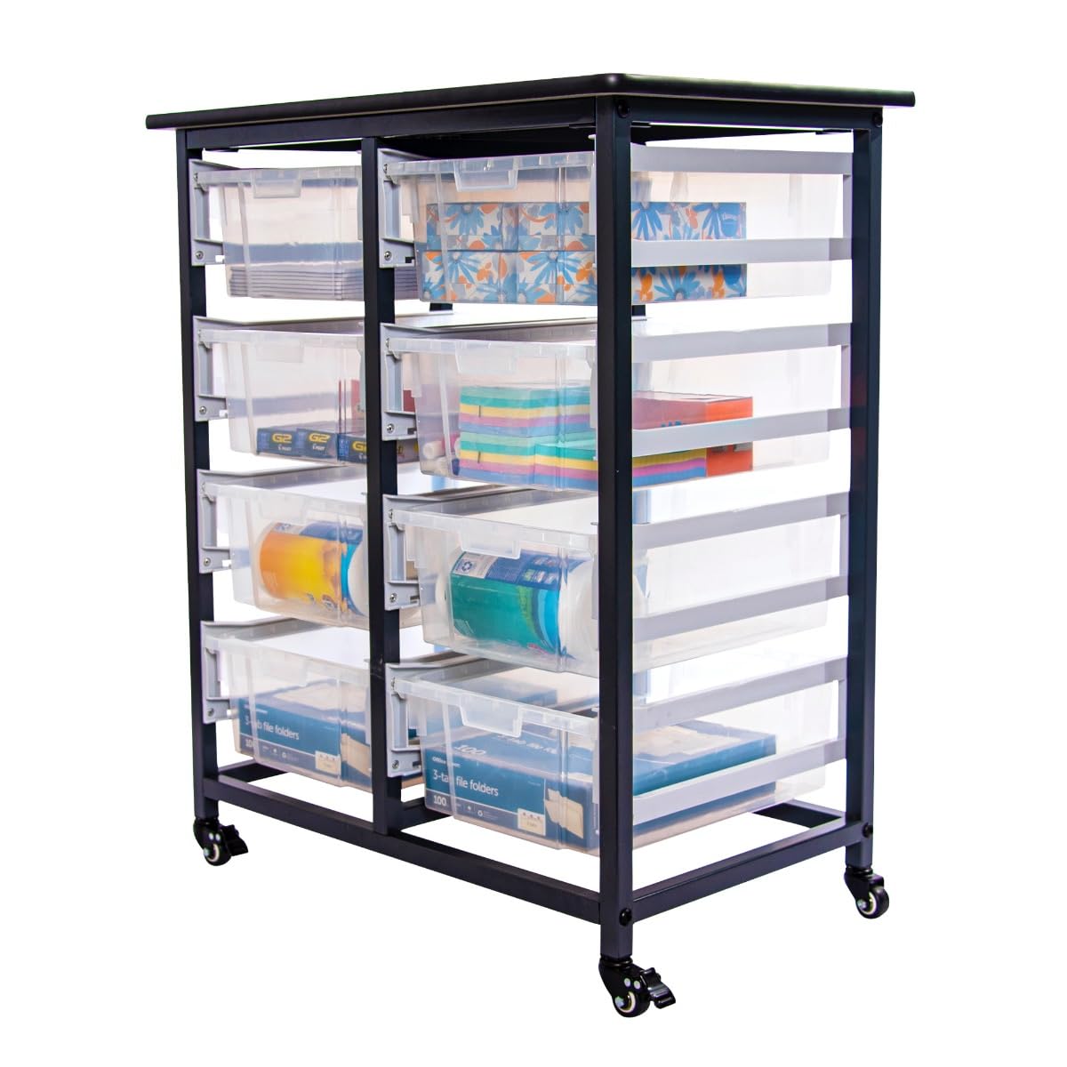 LUXOR MBS-DR-8L-CL Mobile Storage Cart with 8 Large Clear Bins - Double Row Organizer for Office, Classroom, or Warehouse Supplies - Perfect for School, Home, and Industrial Organization