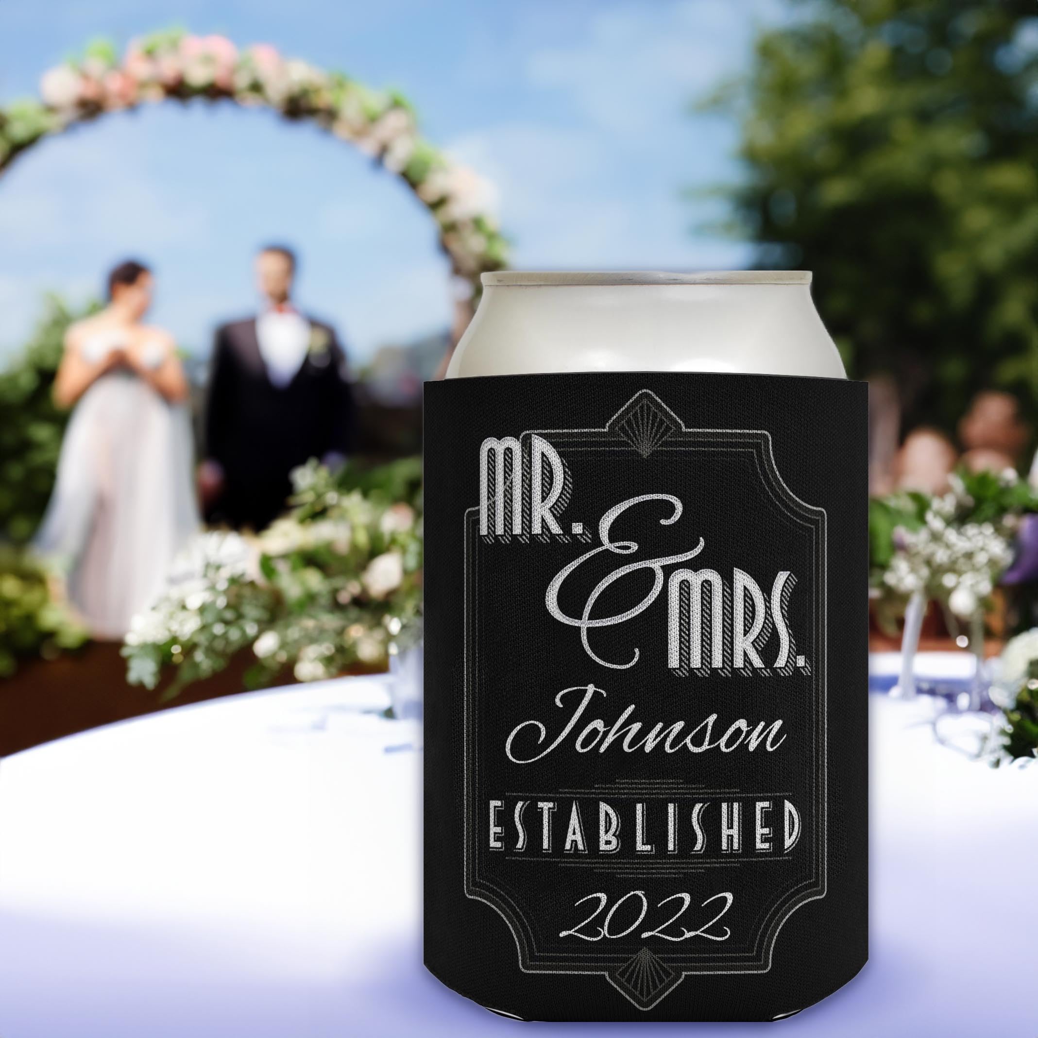 Custom Wedding Can Coolers - Personalized Mr & Mrs Drink Sleeves with Names & Date - 96 Pack Black Can Coolies for Wedding Favors - Perfect for Outdoor Receptions, Bridal Showers & Anniversary Parties