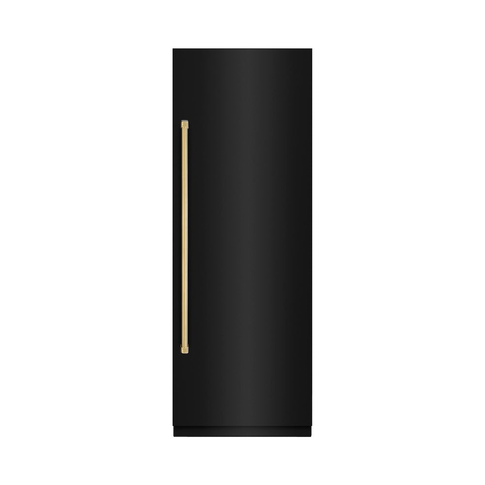 ZLINE Autograph Edition 30-Inch 16.7 cu ft Black Stainless Steel Column Refrigerator with Graphite Gray Interior & Polished Gold Accents (RCRVZ BS 30 G) - Perfect for Modern Kitchens, Open-Concept Homes & Luxury Appliance Collections