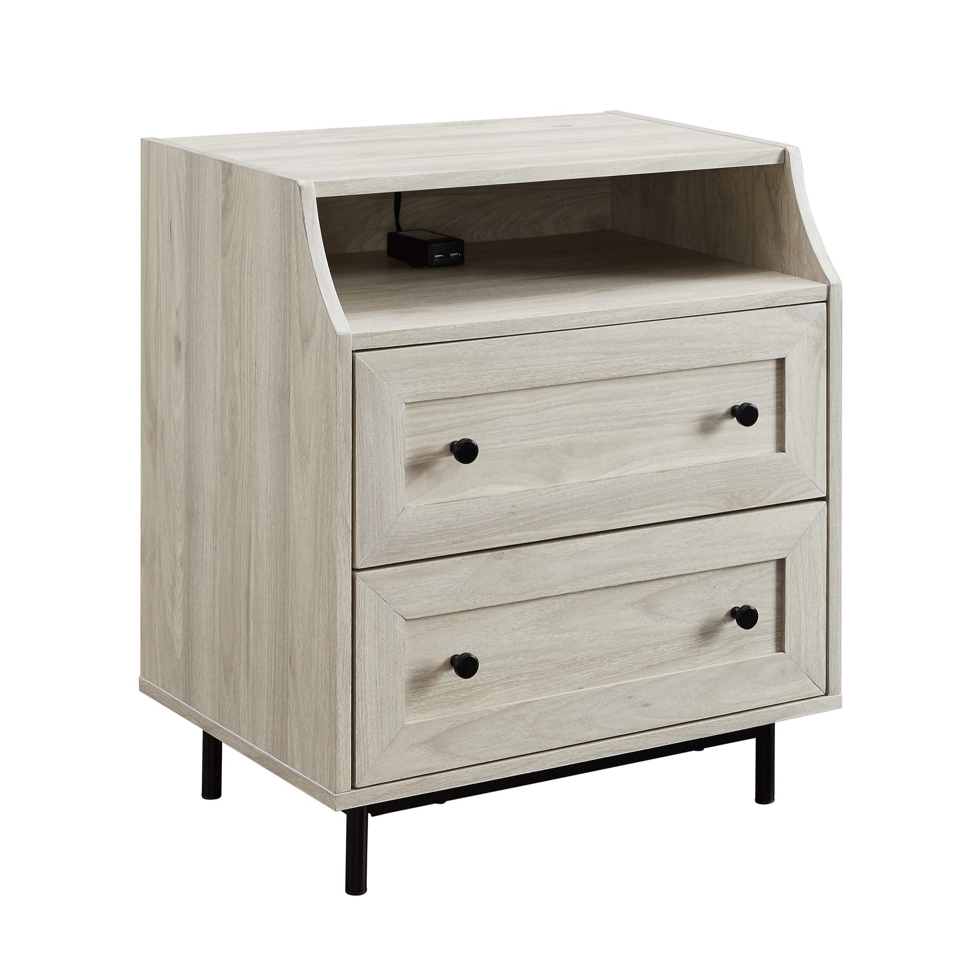 Walker Edison Florence 22 Inch 2-Drawer Open Top Nightstand with USB Charging Port - Modern Birch Wood Bedside Table for Bedroom, Living Room & Office Use