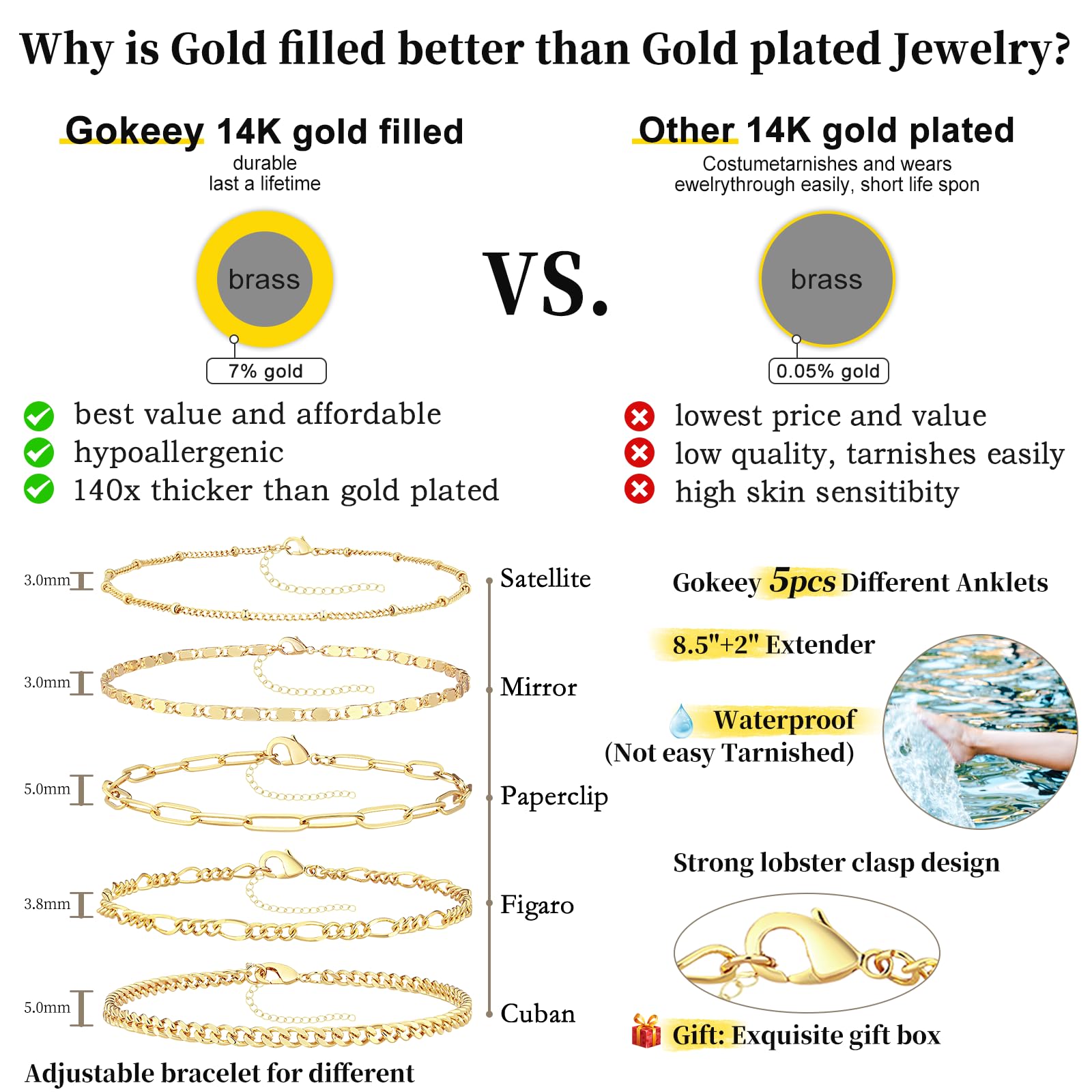 14K Gold Ankle Bracelets for Women - Waterproof Adjustable Cuban Figaro Link Chain Anklet Set, Elegant Layered Jewelry Gift for Her | Perfect for Beach, Parties, and Everyday Wear