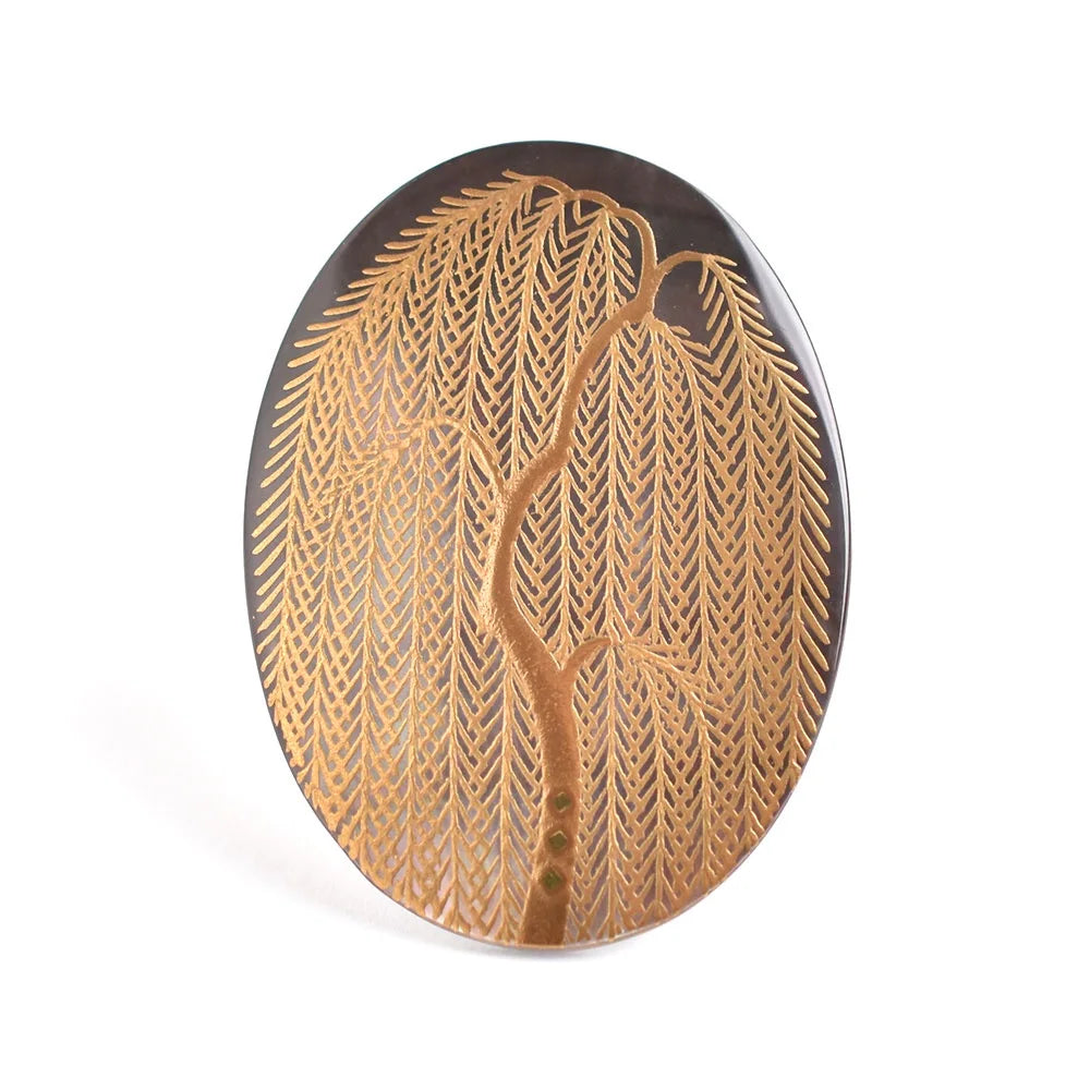 Handcrafted Maki-e Urushi Lacquer Brooch with Black Lip Oyster Pearl Shell & Willow Tree Design | Traditional Japanese Lacquer Jewelry for Women | Perfect for Formal Occasions, Weddings & Cultural Events