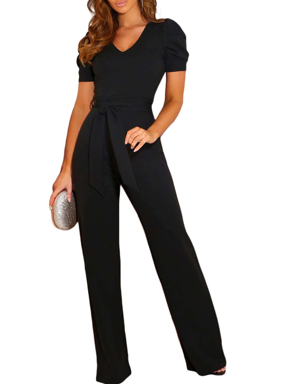 BLENCOT Women's Short Sleeve V-Neck Belted Wide Leg Jumpsuit - Casual to Formal Romper for Office, Party & Summer Outings