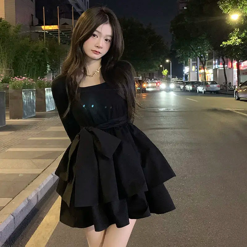 Vintage Black Mini Cake Dress for Women - Square Collar Long Sleeve Short Dress Korean Fashion Kpop Style | Perfect for Autumn Parties, Dates & Casual Outings