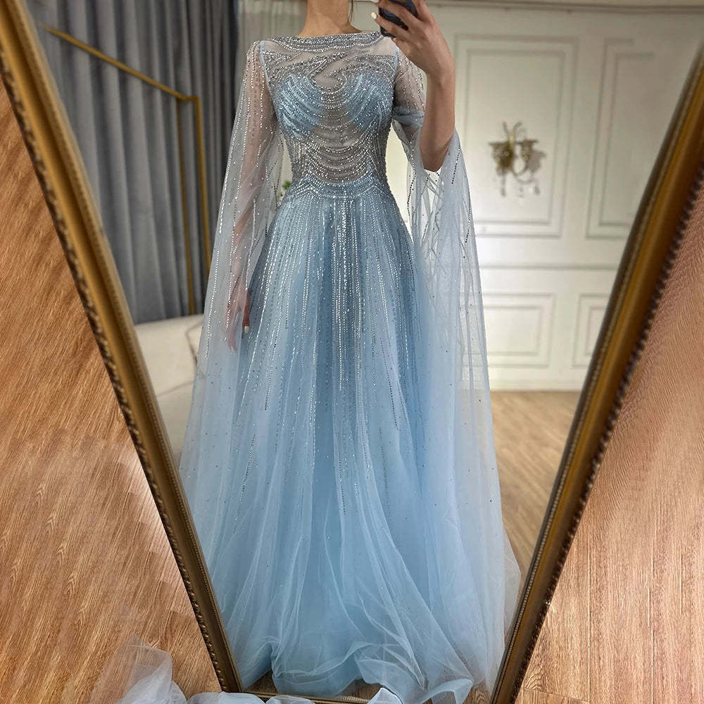 Luxury Dubai Arabic Caramel Saudi Evening Dresses with Cape Sleeves A-Line Beaded Gown for Wedding Party & Special Occasions - LA72799 | Elegant Formal Wear for Bridal, Prom & Gala Events