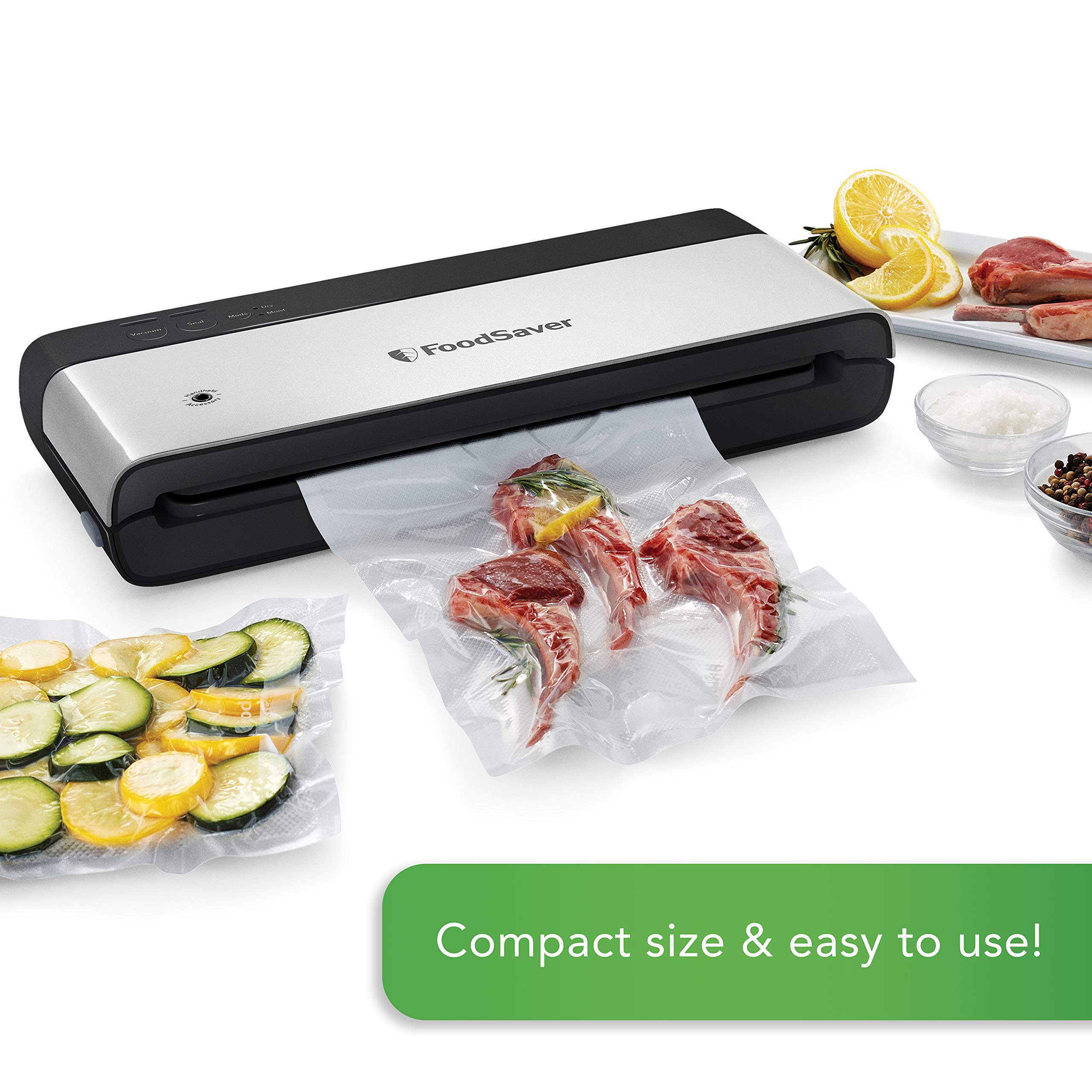 FoodSaver Vacuum Sealer Machine with Jar Sealer Attachment | Compact Vertical Storage Design | Stainless Steel & Black | Perfect for Meal Prep, Sous Vide & Food Preservation