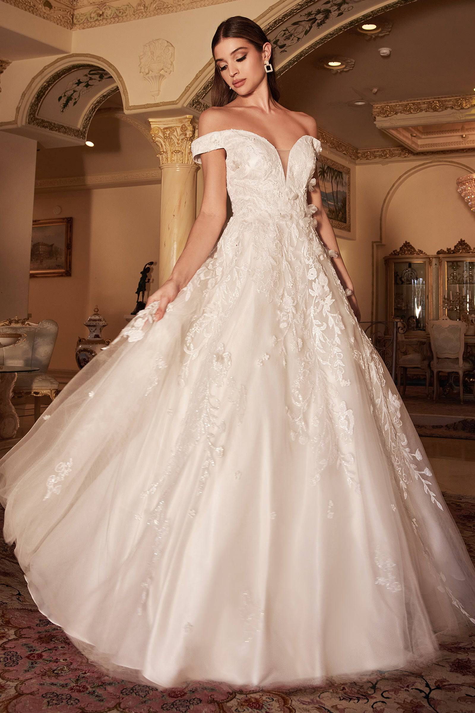 Luxe A1027W Flowing Off Shoulder Wedding Dress - Elegant Lace Bridal Gown for Beach, Garden & Outdoor Ceremonies