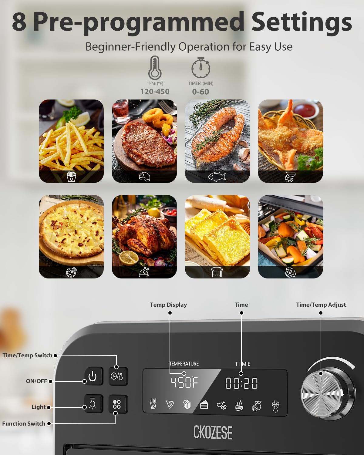 14QT Air Fryer Toaster Oven - 8-in-1 Smart Countertop Convection Oven with Grill, Roast, Bake, Broil & Dehydrate Functions | Stainless Steel Oil-Free Cooking | Includes 45 Recipes & Accessories | Perfect for Healthy Meals, Family Dinners & Party Snacks