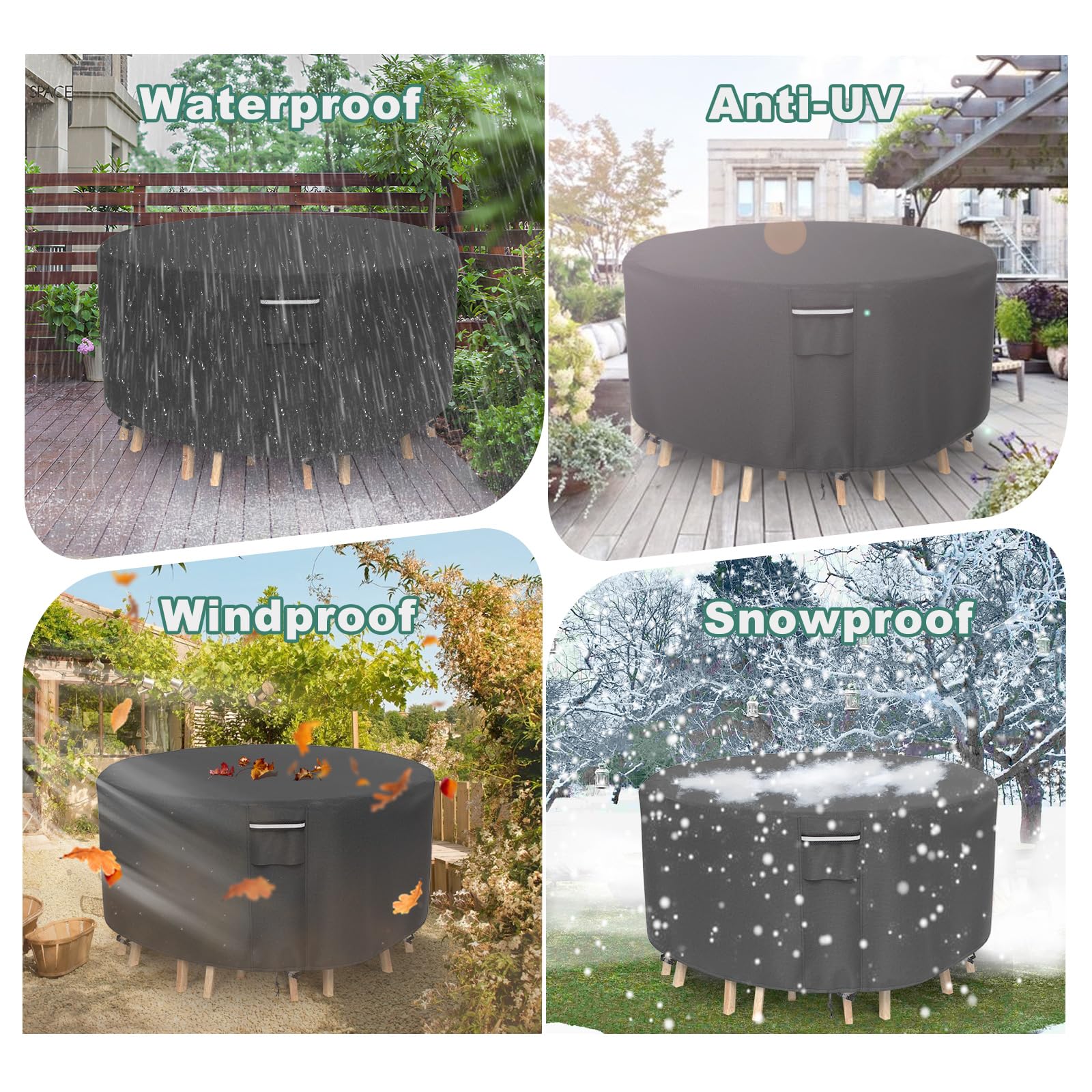 Heavy Duty 500D Waterproof Round Patio Furniture Covers - UV Resistant Outdoor Dining Table & Chairs Cover, 84