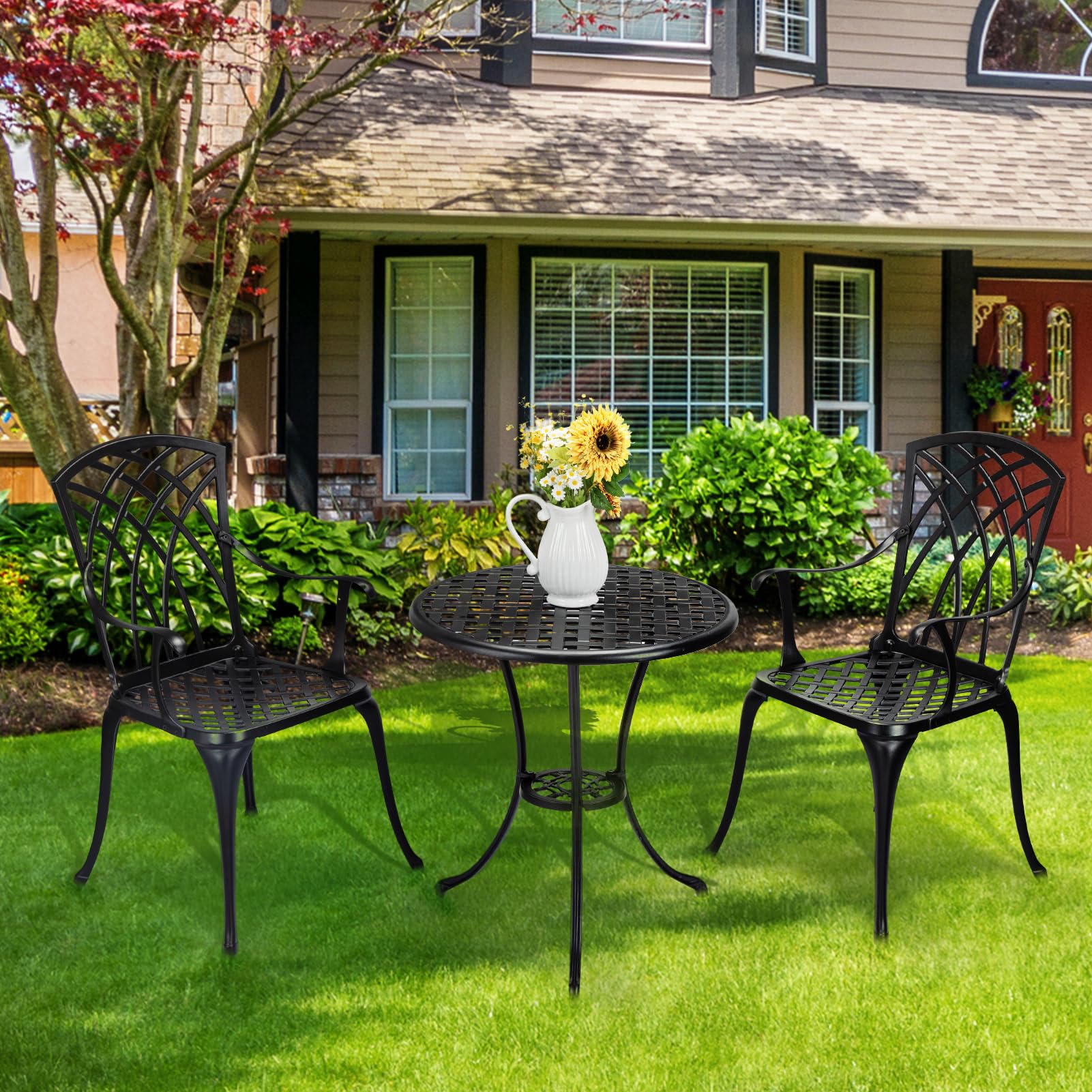 3 Piece Bistro Set - Durable Cast Aluminum Outdoor Table and Chairs with Umbrella Hole - Weather-Resistant Patio Furniture for Balcony, Backyard, Garden - Perfect for Outdoor Dining, Coffee Break and Relaxing (Black)