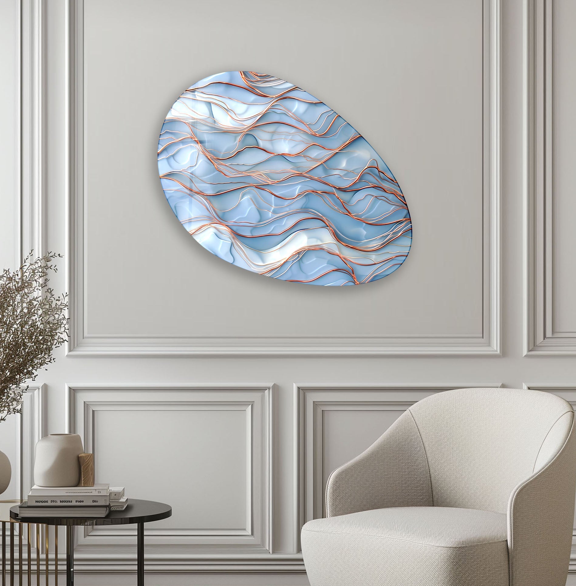 Abstract Blue Waves Oval Glass Wall Art - Modern Ocean Themed Home Decor for Living Room, Bedroom & Office