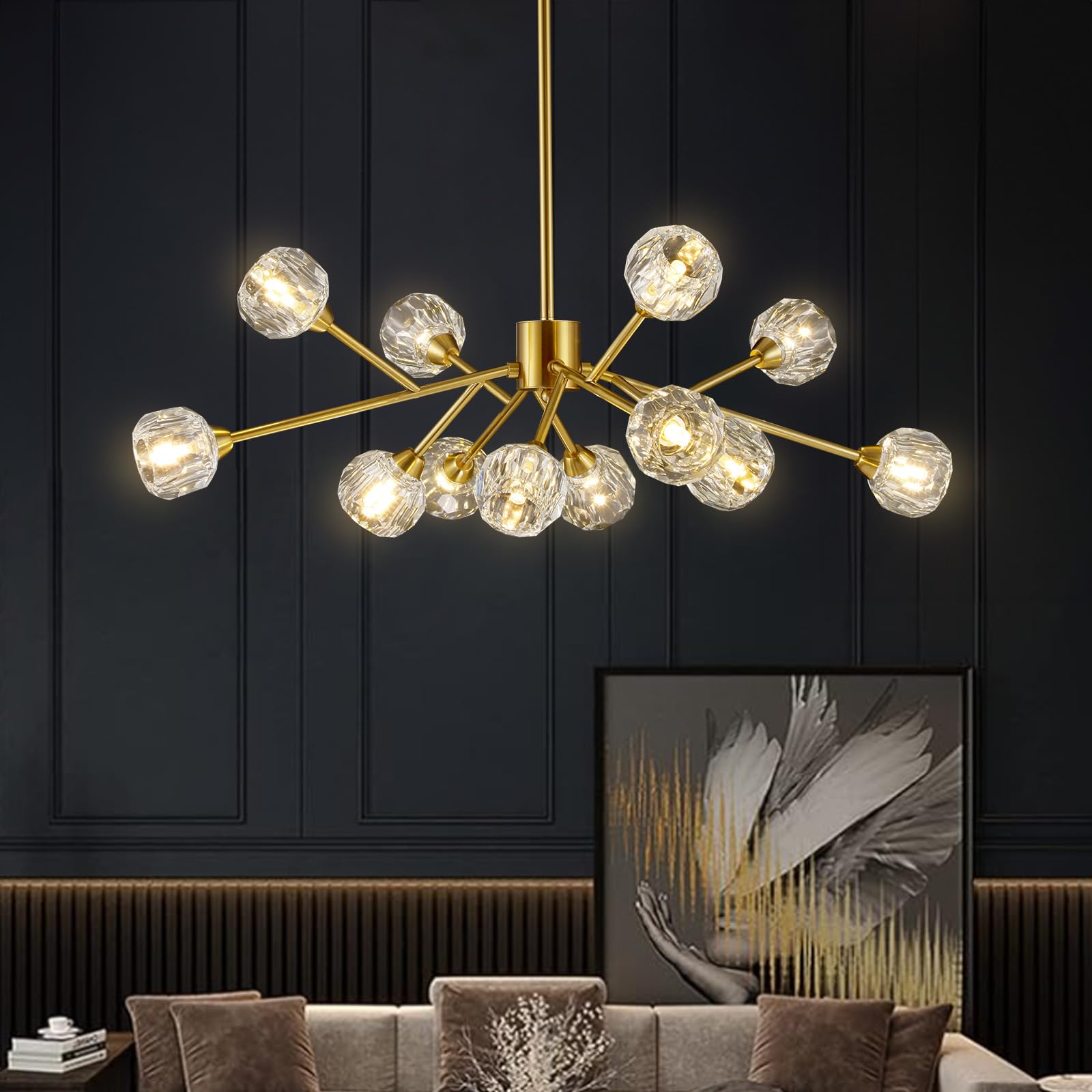 Modern Sputnik Chandelier - 12-Light Gold Crystal Pendant Lighting Fixture for Dining Room, Kitchen Island, Living Room | Mid-Century Ceiling Light for Home, Bedroom, Bar & Office Decor | Elegant Lighting Solution for Parties & Romantic Dinners