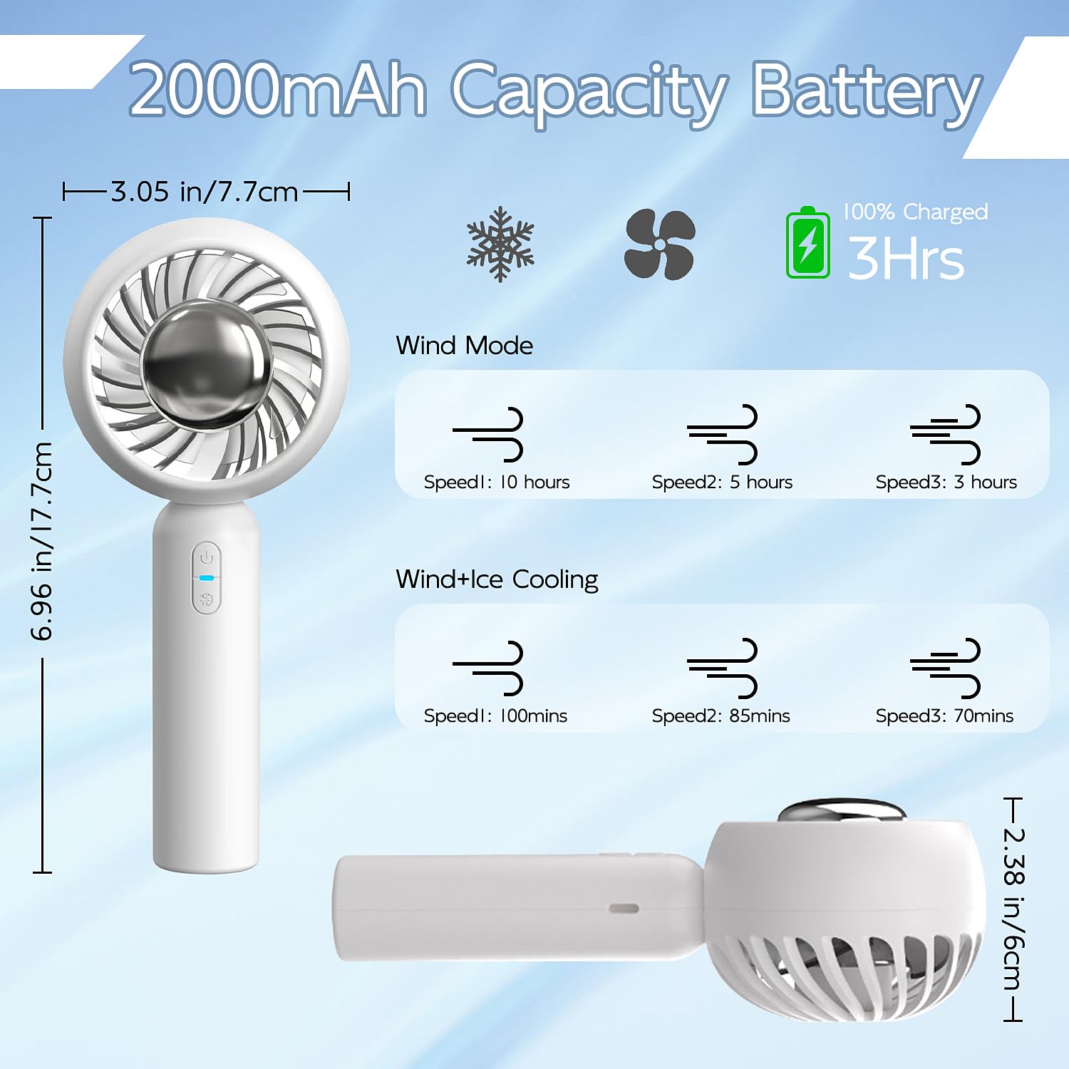 Mezeic Portable Handheld Fan - USB Rechargeable 3-Speed Mini Personal Fan with 2000mAh Battery | Compact Cooling Fan for Summer, Beach, Office, Travel, Indoor & Outdoor Use | Perfect for Hot Weather, Commuting, Camping and Home Comfort
