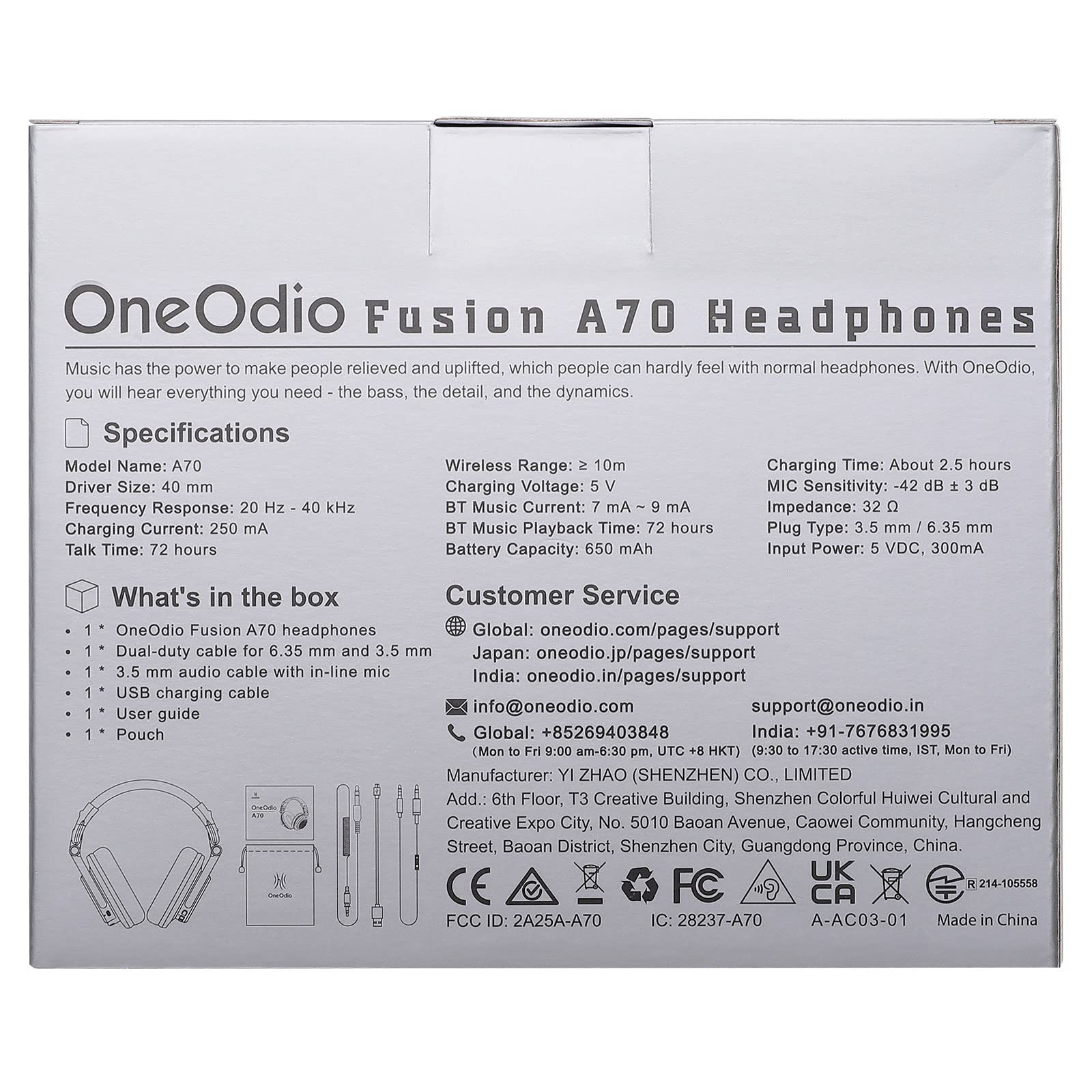 OneOdio A70 Over-Ear Bluetooth Headphones with Microphone - Foldable Wireless & Wired Studio Headphones for Mixing, Gaming, Music - Compatible with TV, PC, iPhone, Android - Perfect for Home Studio, Travel & Work