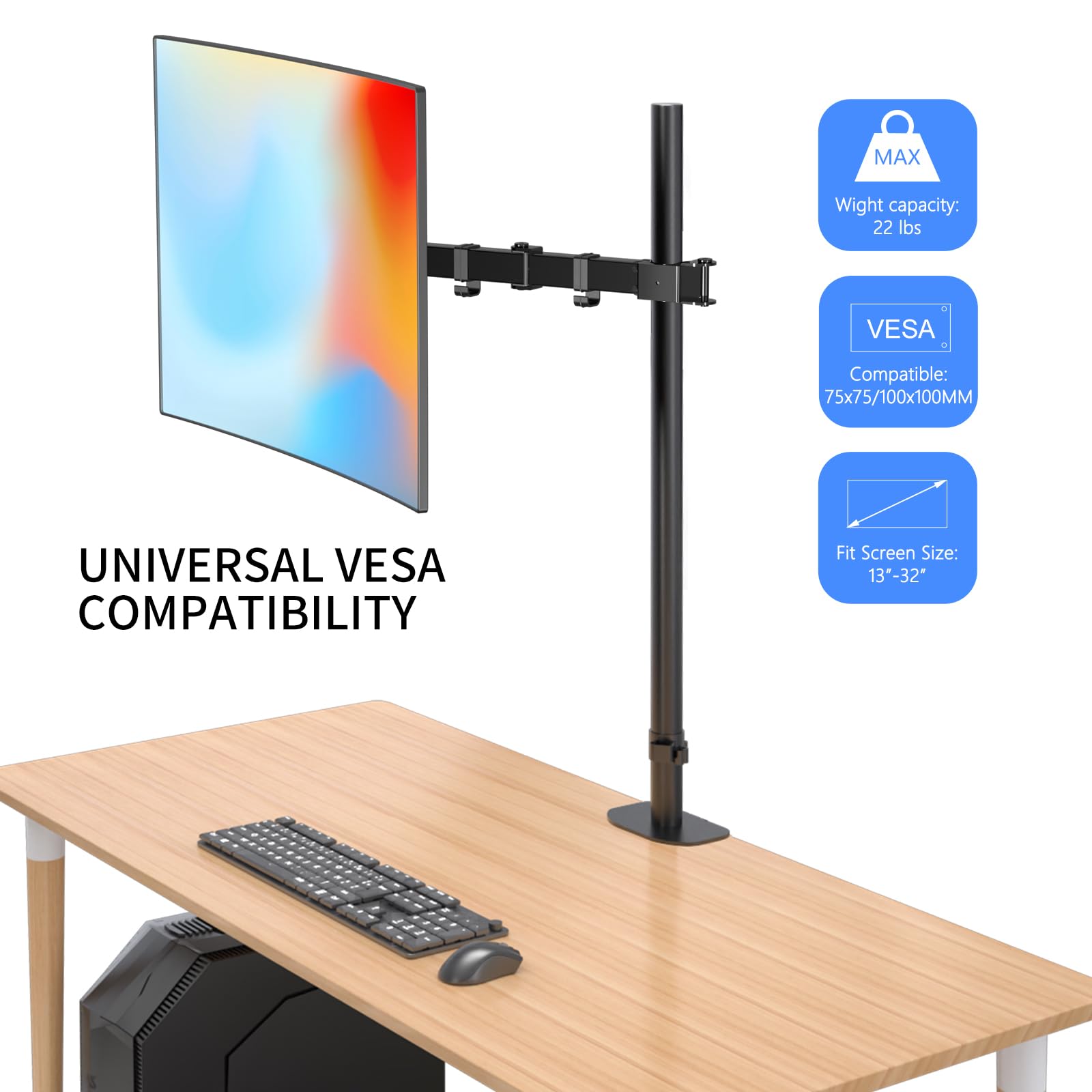 Pholiten Extra Tall Single Monitor Desk Mount Stand - Adjustable Monitor Arm for 13-32 Inch Screens (Up to 22lbs) with 31.5