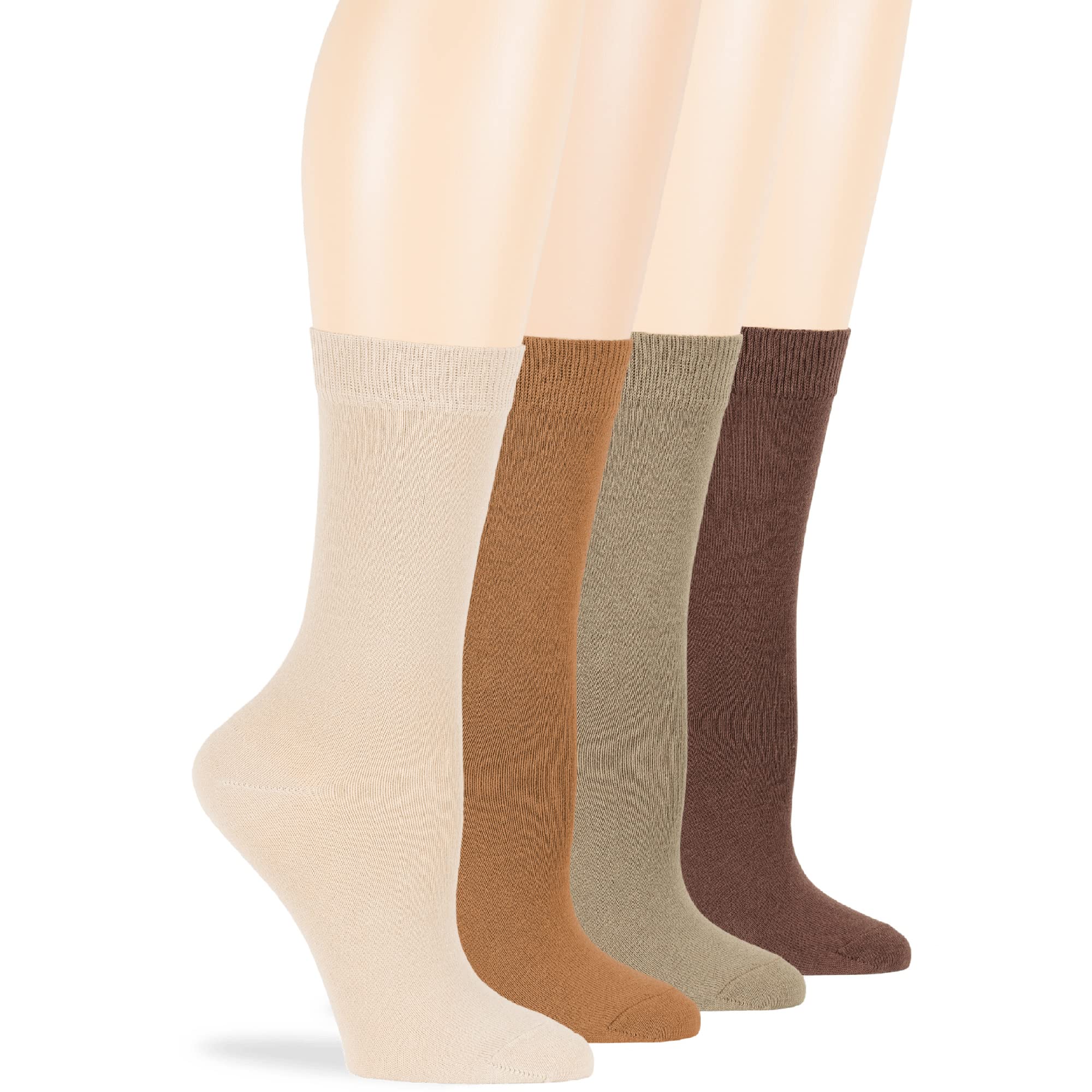 7BigStars Women's Cotton Dress Socks 4-Pack (Size L/M) - Soft Crew Calf Socks in Black, Brown, Blue, Grey, Beige, Khaki & Olive Green - Perfect for Work, Office & Everyday Wear