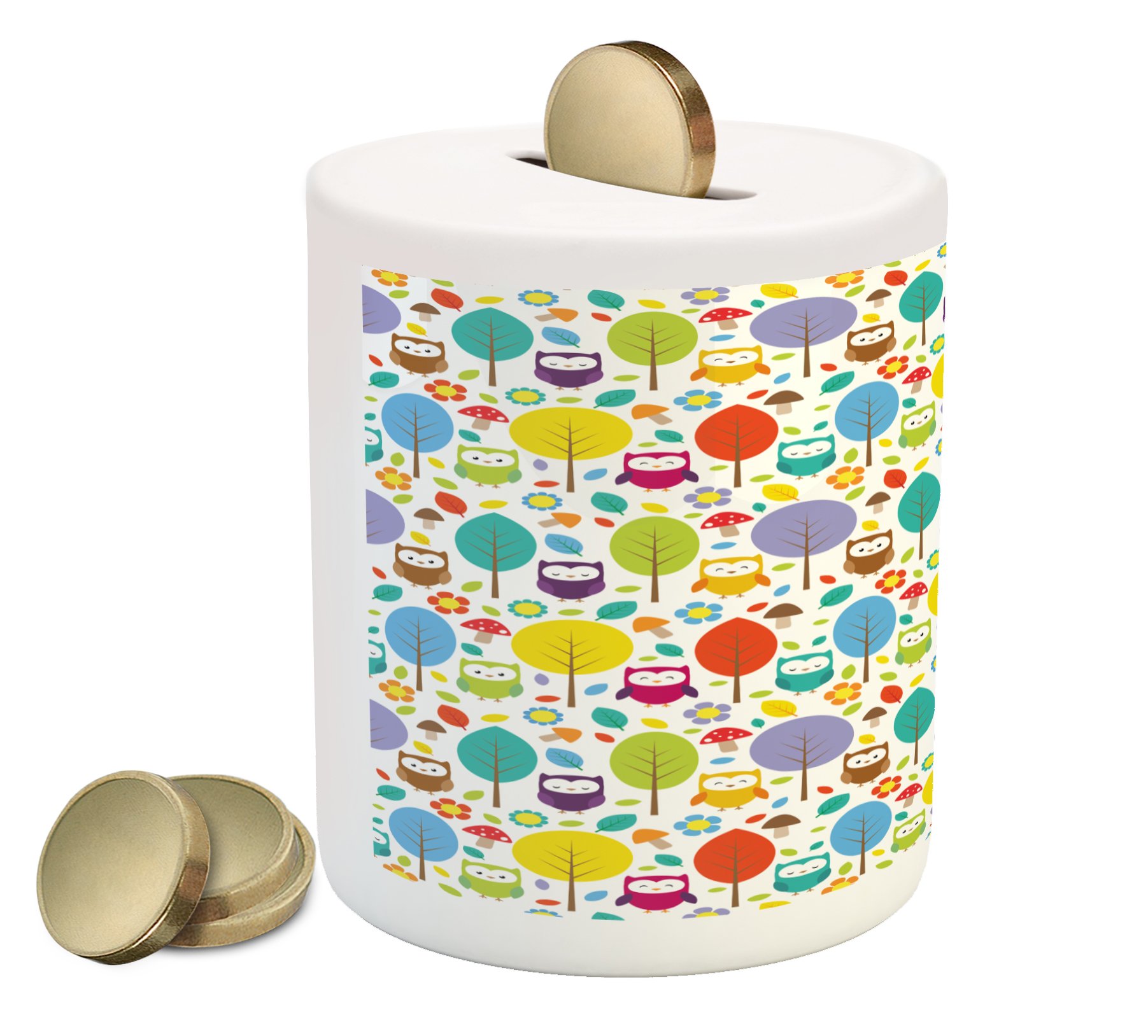 Ambesonne Ceramic Piggy Bank - Colorful Cartoon Forest Design with Owls, Trees, Leaves, Mushrooms & Flowers - 3.6