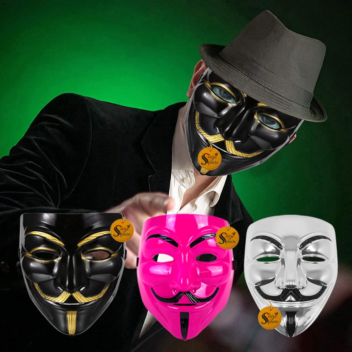V for Vendetta Face Mask Set of 3 - Sage Square Black, Pink & Silver Anonymous Cosplay Mask | Perfect Fit for Halloween, Protests & Movie Costumes
