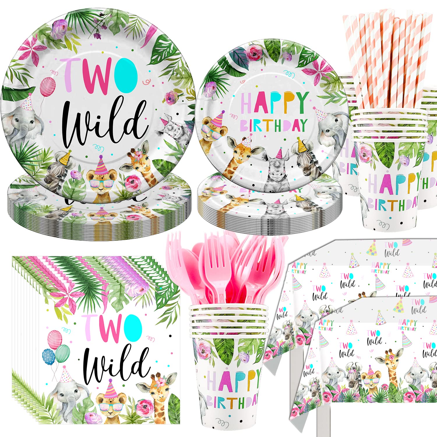 Two Wild Safari Jungle Theme 2nd Birthday Party Supplies - 24-Piece Dinnerware Set with Plates, Cups, Napkins, Tablecloth, Straws & Cutlery | Perfect for Girls' Birthday Party Decorations & Jungle-Themed Celebrations