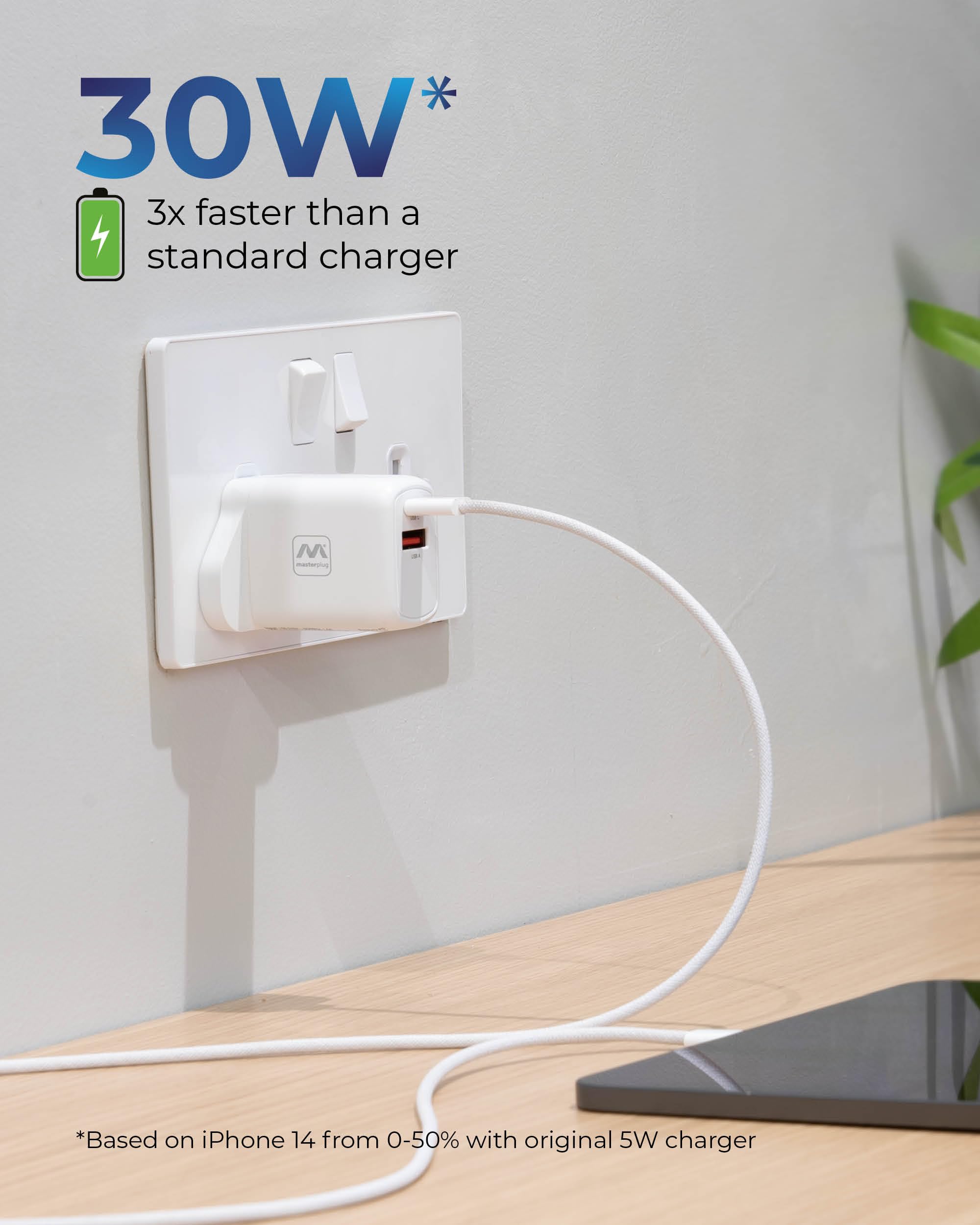 Masterplug Super-Fast 30W USB Charger with USB-A & USB-C Ports - Fast Charging for iPhone, Samsung, iPad & Tablets - Perfect for Home, Office & Travel