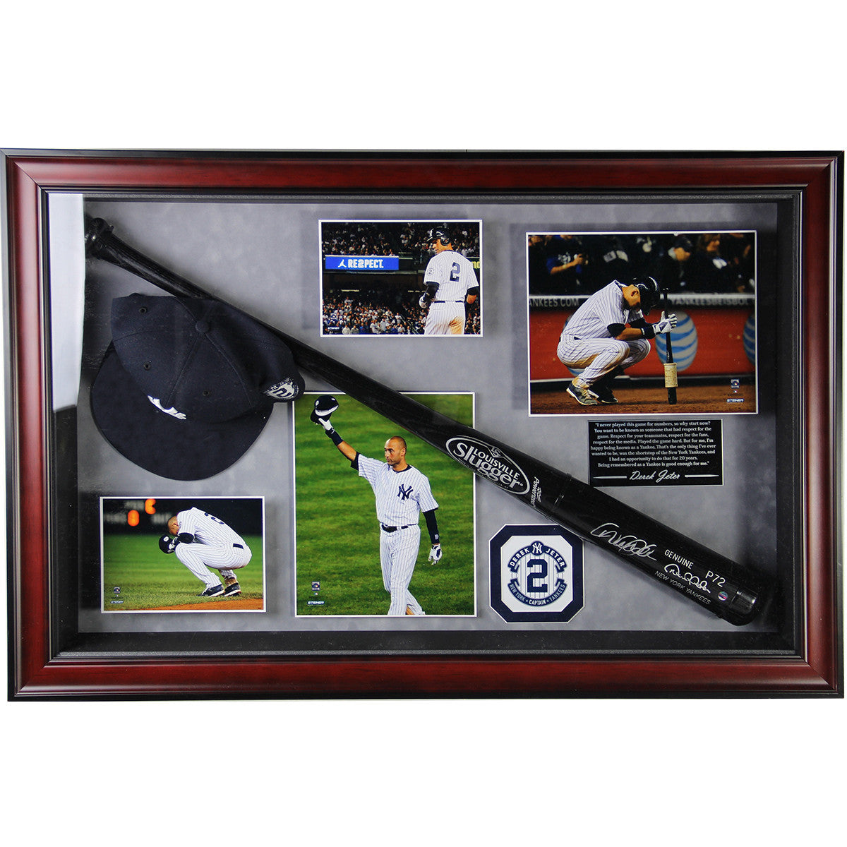 Derek Jeter Autographed Game Model Baseball Bat Display with Photos, Hat & Quote - 20x32x22 Inches - Perfect for Yankees Fans, Sports Memorabilia Collectors & Man Cave Decor