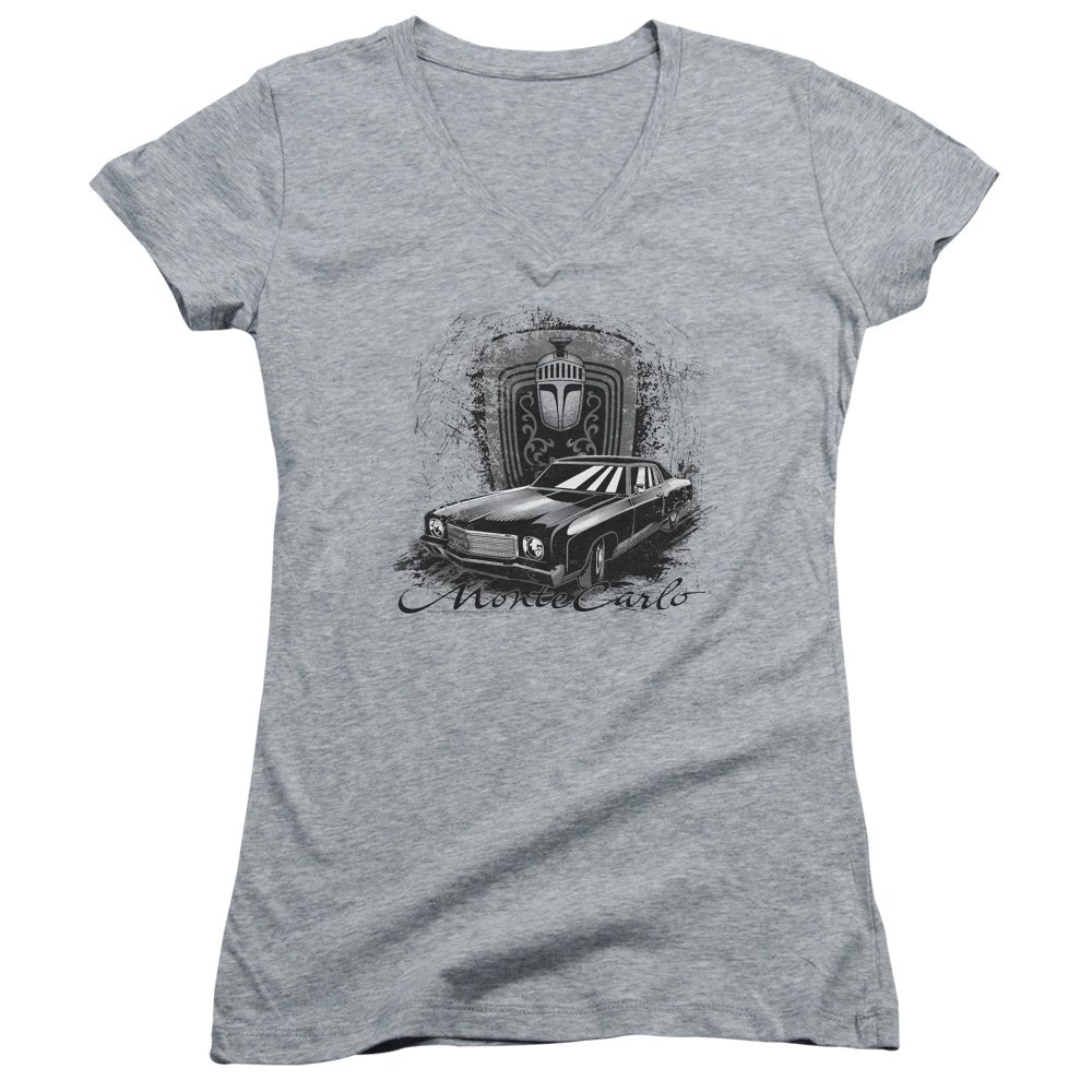 Chevrolet Monte Carlo Juniors' Sheer Fitted V-Neck T-Shirt - Stylish Graphic Tee for Casual Wear & Car Enthusiasts