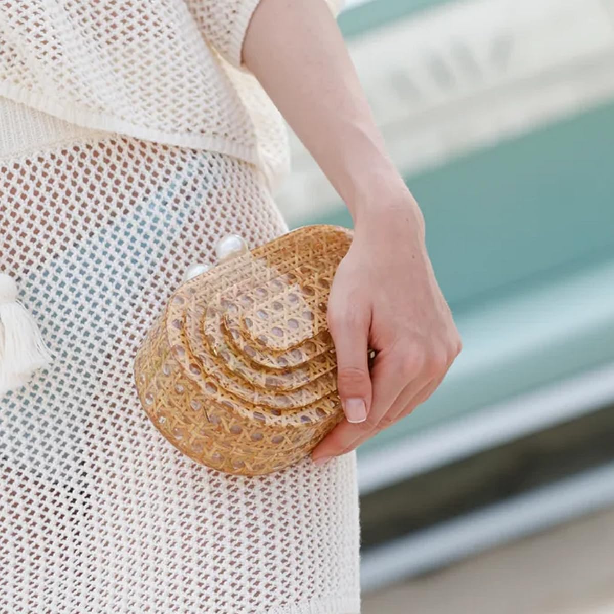Women's Acrylic Rattan Clutch Purse - Woven Wicker Evening Bag for Wedding, Party, Beach & Summer Outfits - Stylish Shoulder Handbag for Date Night, Vacation & Special Occasions