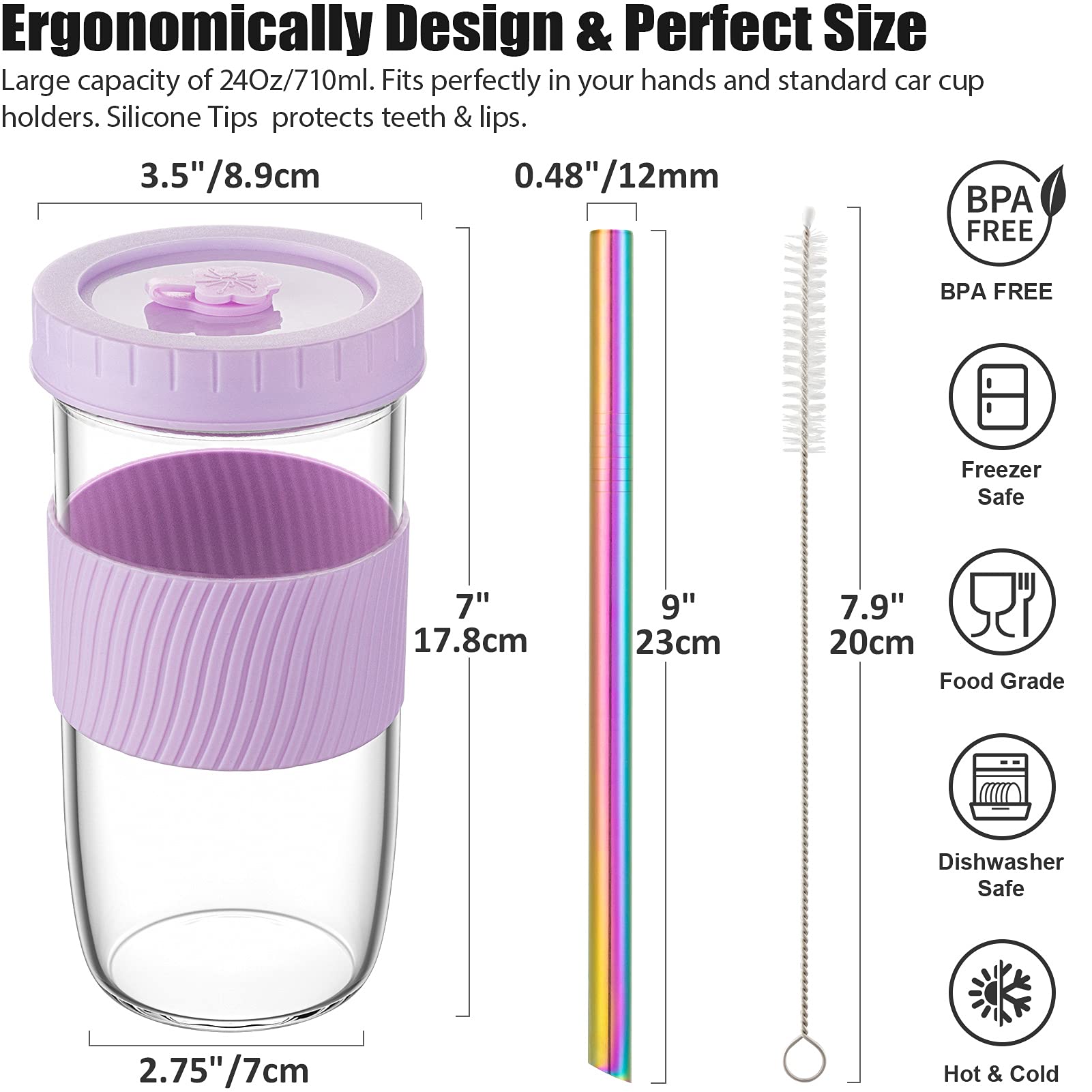 Eco-Friendly 24oz Glass Mason Jars with Lids & Straws - 2 Pack Reusable Wide Mouth Smoothie Cups, Leakproof Bubble Tea Tumblers with Silicone Sleeves - Perfect for Iced Coffee, Juice, Travel & Large Pearl Boba Drinks