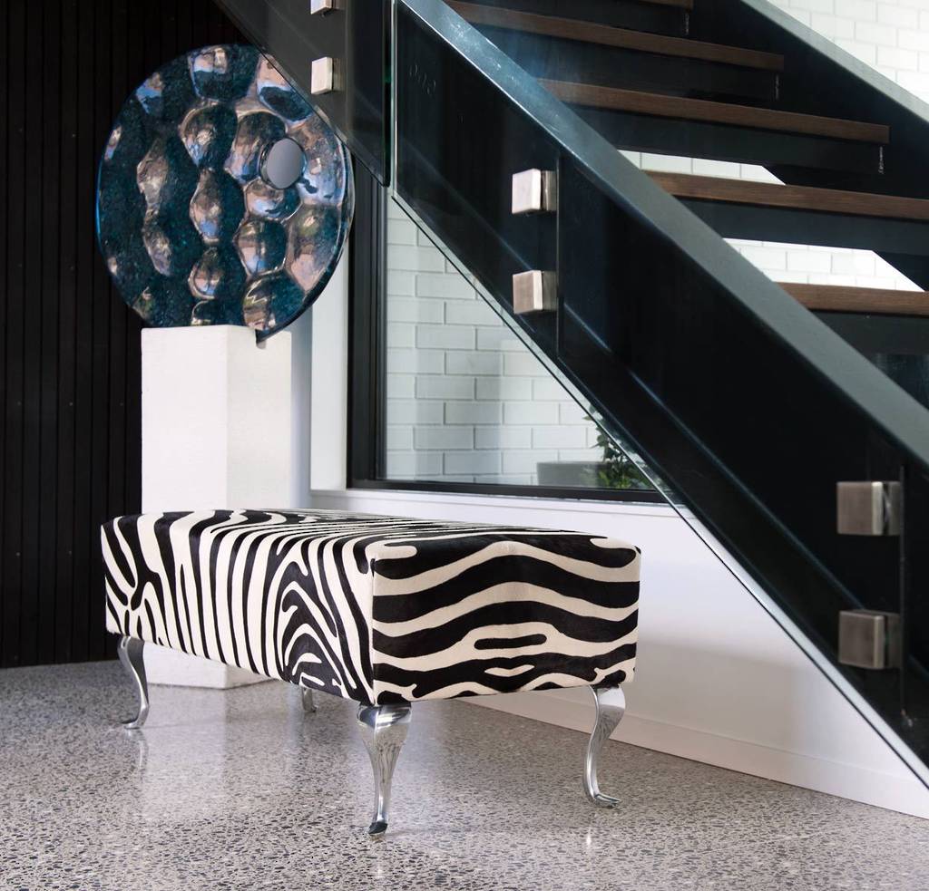 Zebra Print Ottoman with Queen Anne Curved Metal Legs - 55