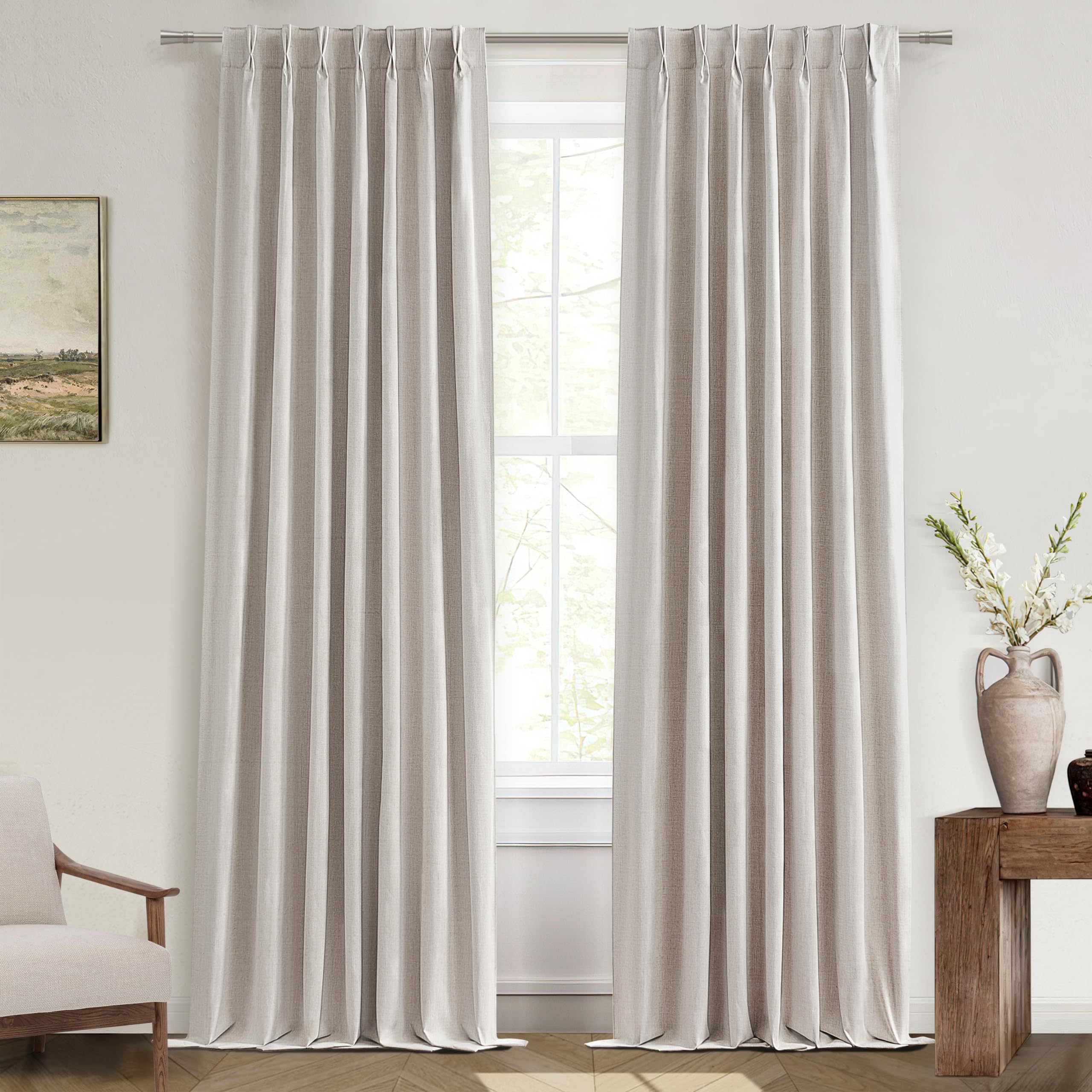 105 Inch Custom Blackout Curtains for Nursery - 2 Panel Set, 100% Blackout Thermal Insulated Kids Curtains in Natural Ivory Cotton Linen, Pinch Pleated Design for Baby Room & Kids Bedroom - Perfect for Light Control, Privacy & Room Aesthetics