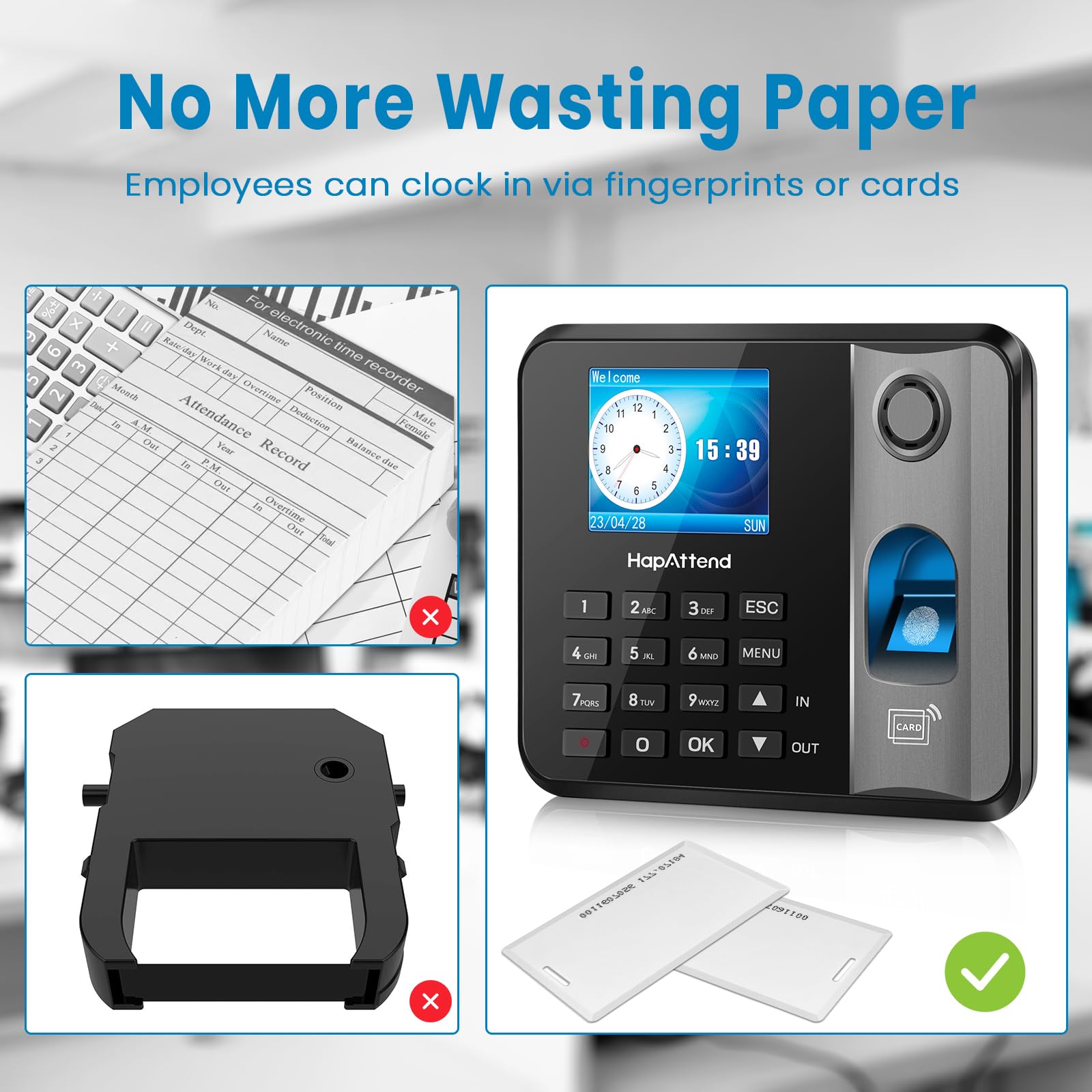 HapAttend Fingerprint Time Clock for Small Business - Standalone Employee Attendance System with RFID Card Scanner, Automatic Hours Calculation & 5 Free Cards (No Monthly Fees) | Perfect for Office, Retail & Warehouse Staff Tracking
