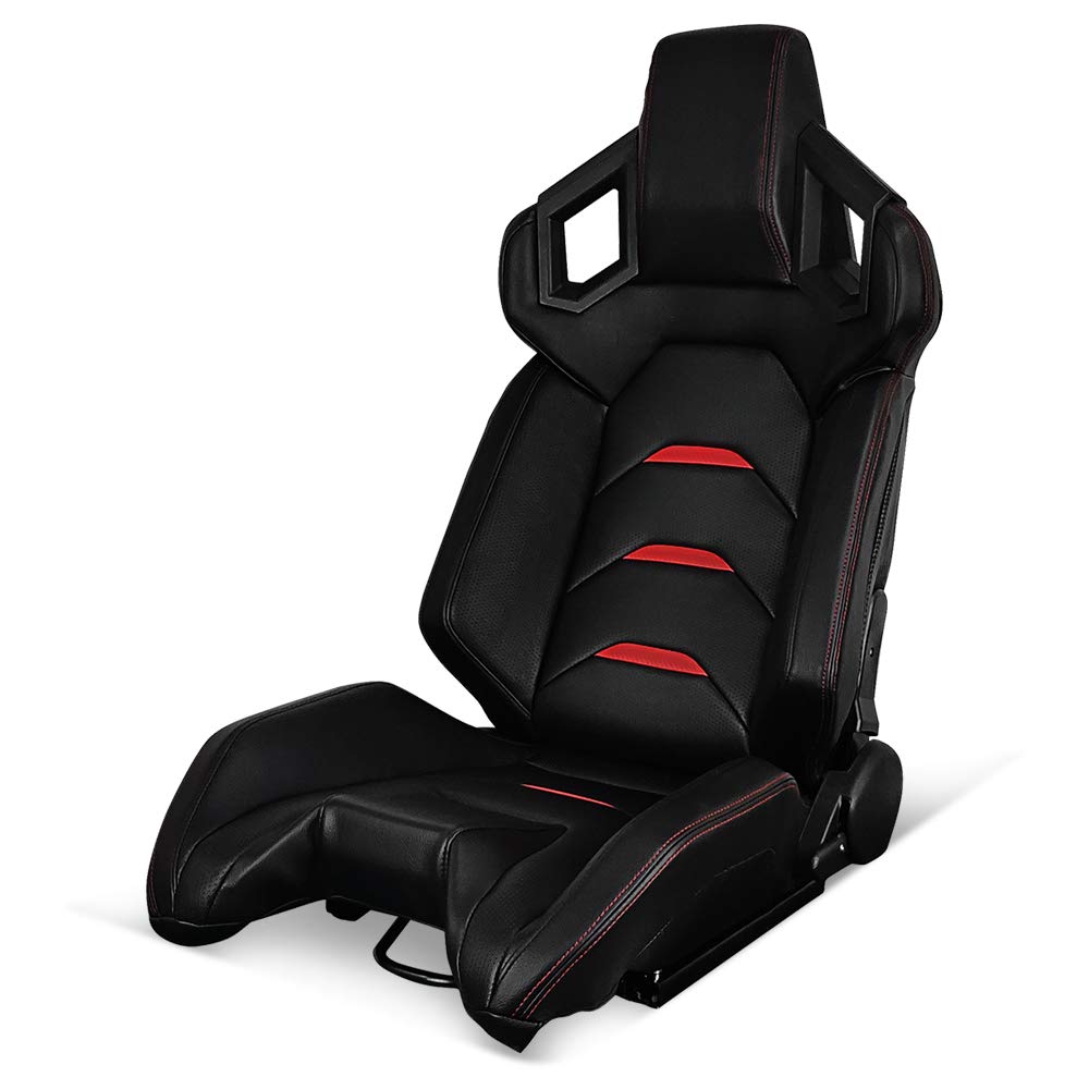 IKON MOTORSPORTS Universal Racing Seat - Left Driver Side with Dual Slider, Black PU Leather with Red Stitch & Stripe, Reclinable Bucket Seat for Sports Cars & Racing Simulators