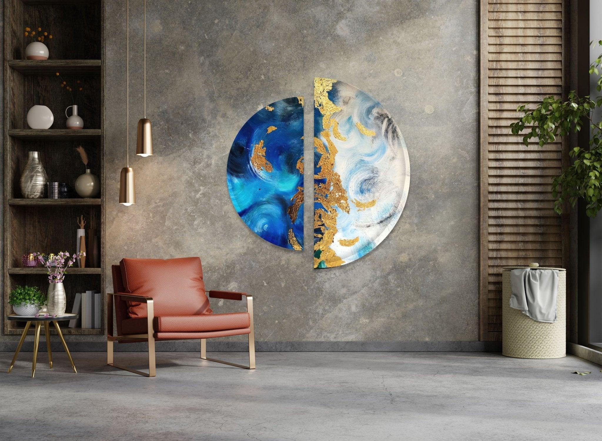 2 Piece Blue and Gold Abstract Glass Wall Art Set - Modern Home Decor for Living Room, Bedroom, or Office