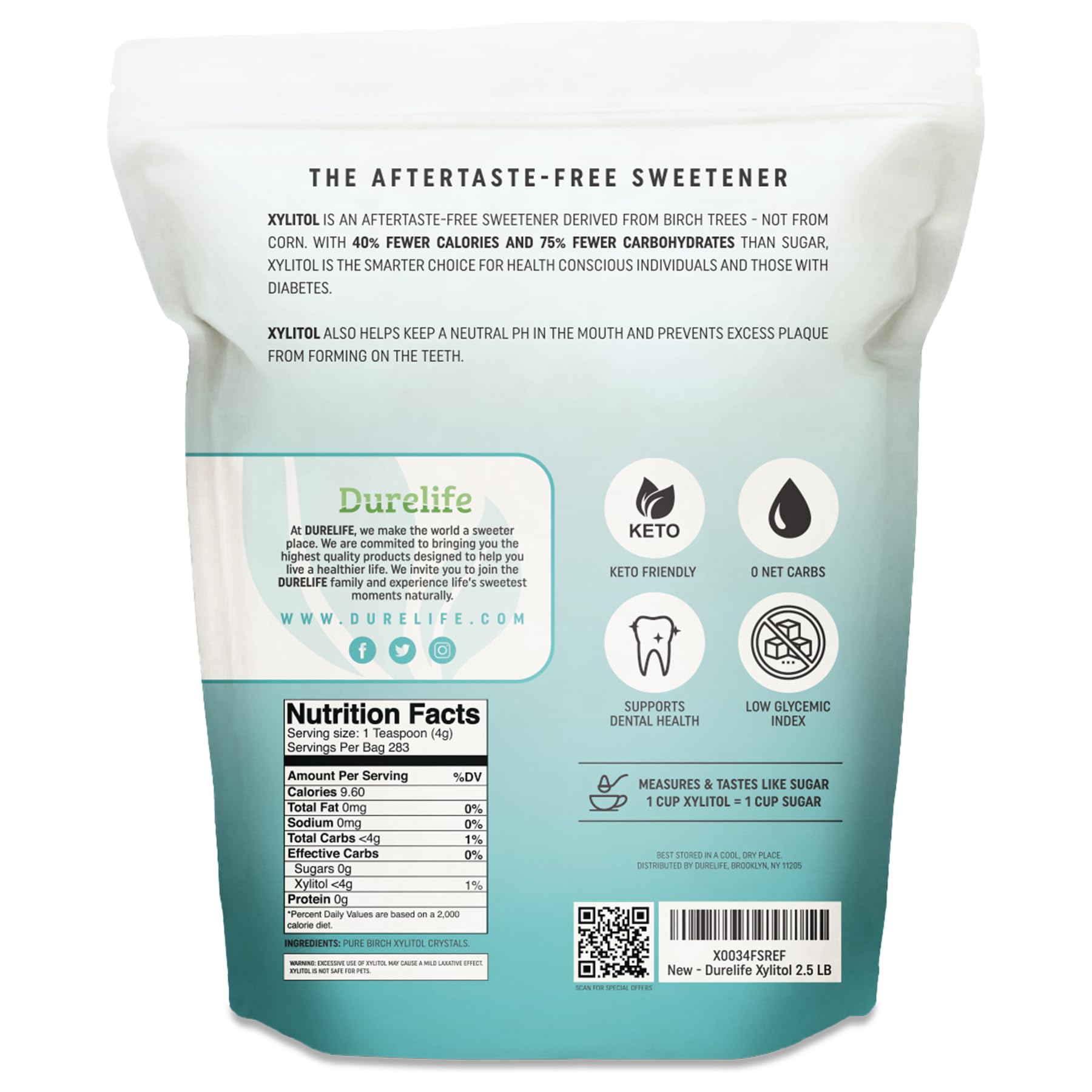 DureLife XYLITOL Sugar Substitute 2.5 LB (40 OZ) - 100% Pure Birch Xylitol, Non-GMO, Gluten-Free, Kosher - Natural Sugar Alternative for Baking, Coffee & Healthy Lifestyle