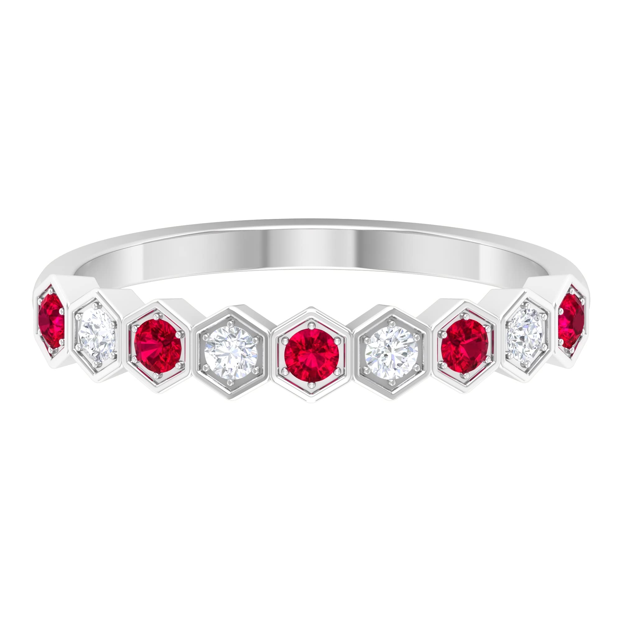 0.50 CT Hexagon Ruby and Diamond Half Eternity Ring - 14K Solid Gold Women's Jewelry for Anniversary, Engagement & Special Occasions