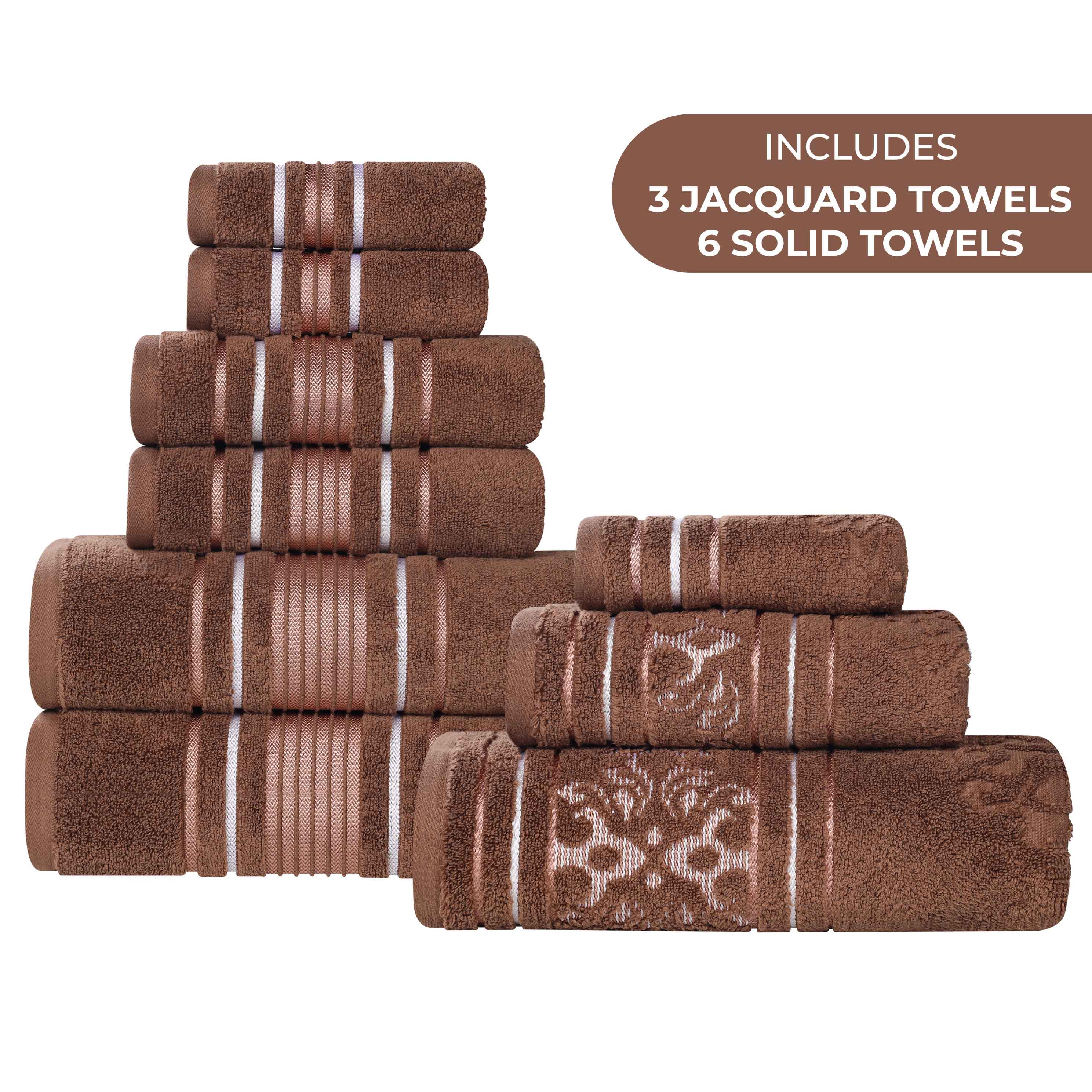 Sadie 9-Piece Zero Twist Cotton Towel Set - Solid & Jacquard Floral Bath Towels, Hand Towels & Washcloths - Soft & Absorbent for Bathroom, Spa & Guest Room