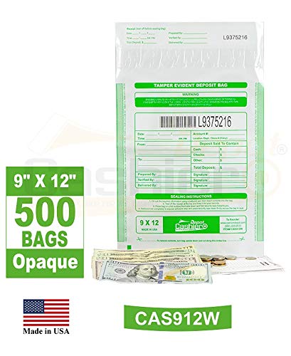 500 Tamper Evident Bank Deposit Bags 9x12 Inches - White Opaque Serialized Barcode Security Bags with Press & Seal Void Closure Tape for Cash Handling & Retail Banking (Ideal for Banks, Stores & Cashier Deposit)