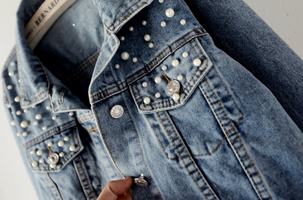 LifeShe Women's Embroidered Pearl Denim Jacket - Stylish Distressed Jean Coat with Pearl Accents for Casual Outfits & Spring Fashion
