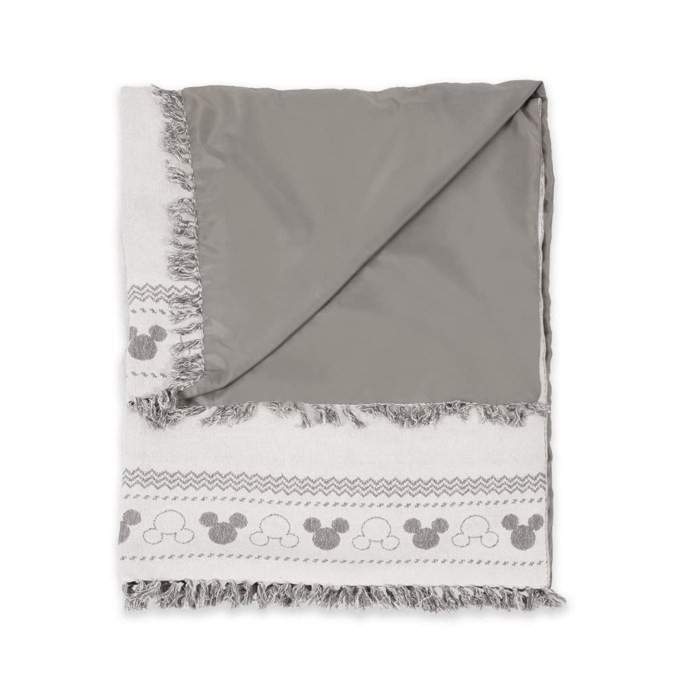 **Disney Mickey Mouse Farmhouse Picnic Blanket - Woven Waterproof Outdoor Blanket for Beach, Park & Camping - White with Gray Accents**