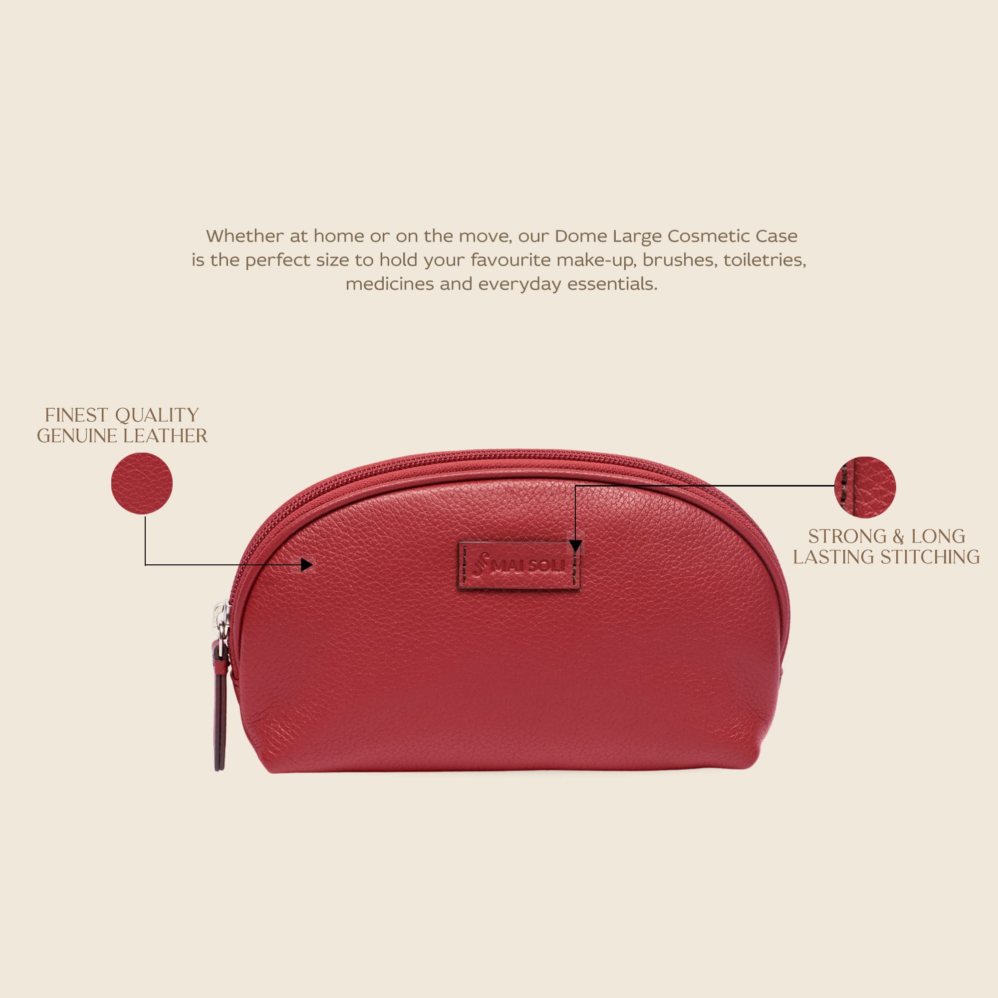 MAI SOLI Large Dome Women's Leather Cosmetic Bag | Makeup Organizer for Brushes, Toiletries & Travel Essentials | Portable Medicine Pouch | Perfect for Daily Use, Vacation & Gift Giving - Red