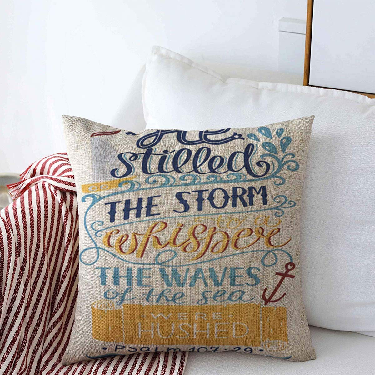 18x18 Inch Linen Throw Pillow Cover with Bible Verse 'He Stilled the Storm' - Hand Lettered Inspirational Cushion Case for Home Decor, Living Room, Bedroom & Winter Cozy Styling