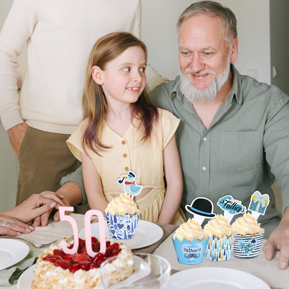 48 Pcs Happy Father's Day Cupcake Toppers & Wrappers - Father's Day Party Decorations, Cake Cupcake Decorations for Dad, Daddy Birthday Party, Table Decor Supplies - Perfect for Father's Day Celebrations, Birthday Parties & Family Gatherings