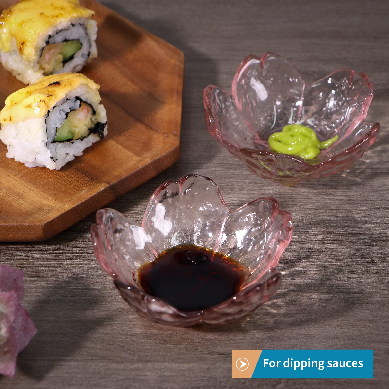 8 Pcs Glass Sakura Soy Sauce Dishes - Cute Mini Dessert Bowls & Stackable Appetizer Plates for Dips, Seasonings, Snacks, Fruits, Tea Bags - Perfect for Sushi, Ice Cream, Candy, Jewelry Storage (Pink)