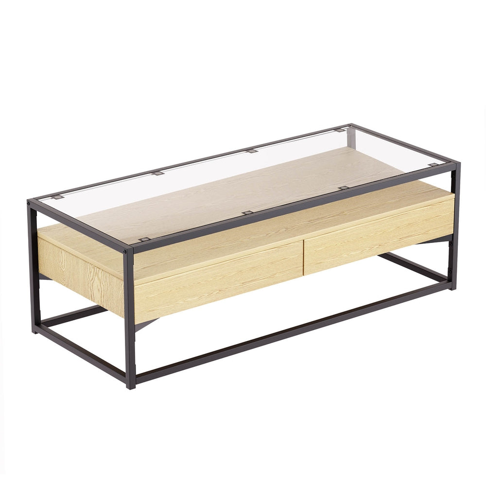 Modern Coffee Table with 2 Drawers & Tempered Glass Top - Solid Pine Wood Living Room Furniture for Small Spaces, Apartments & Home Decor