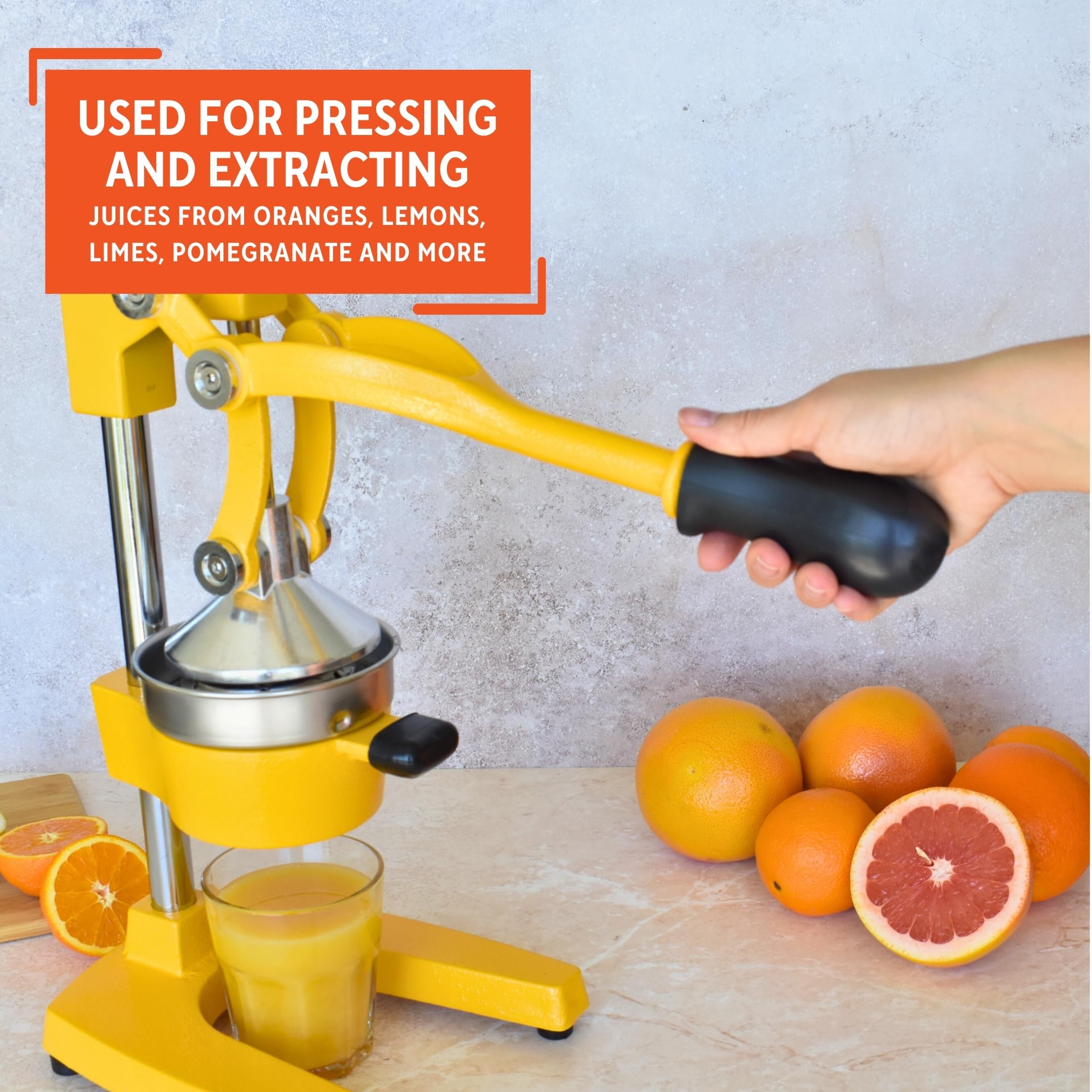 IMUSA USA J100-00109 Heavy Duty Citrus Juicer - Large Yellow Manual Orange Lemon Lime Squeezer for Fresh Juice - Perfect for Kitchen, Breakfast, Cocktails & Healthy Living